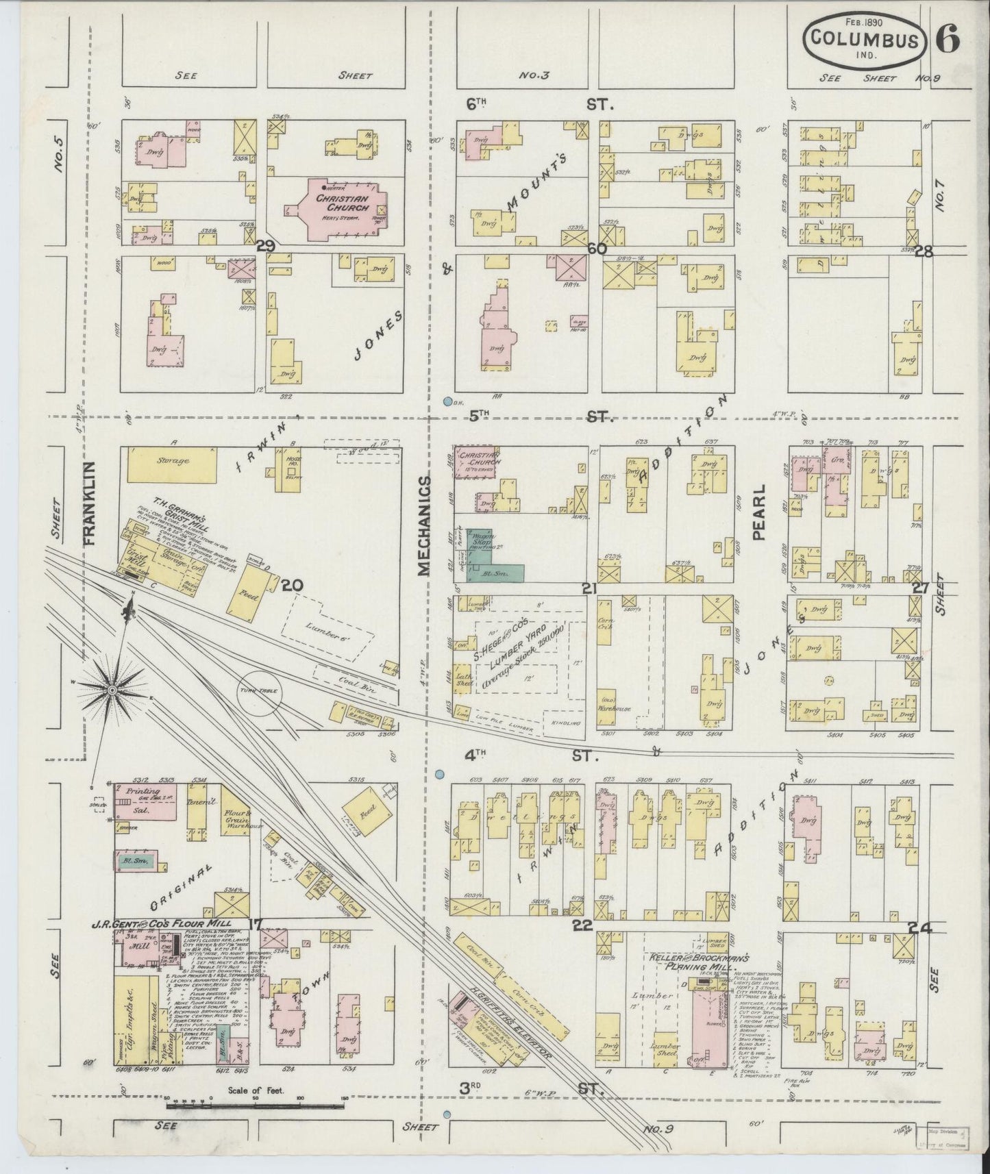 Sanborn Fire Insurance Map from Columbus, Bartholomew County, Indiana (1890), Sheet #0006 - Historic Sanborn Fire Insurance Map Print, vintage old map wall art, antique decor, genealogy gift, Indiana Indiana map