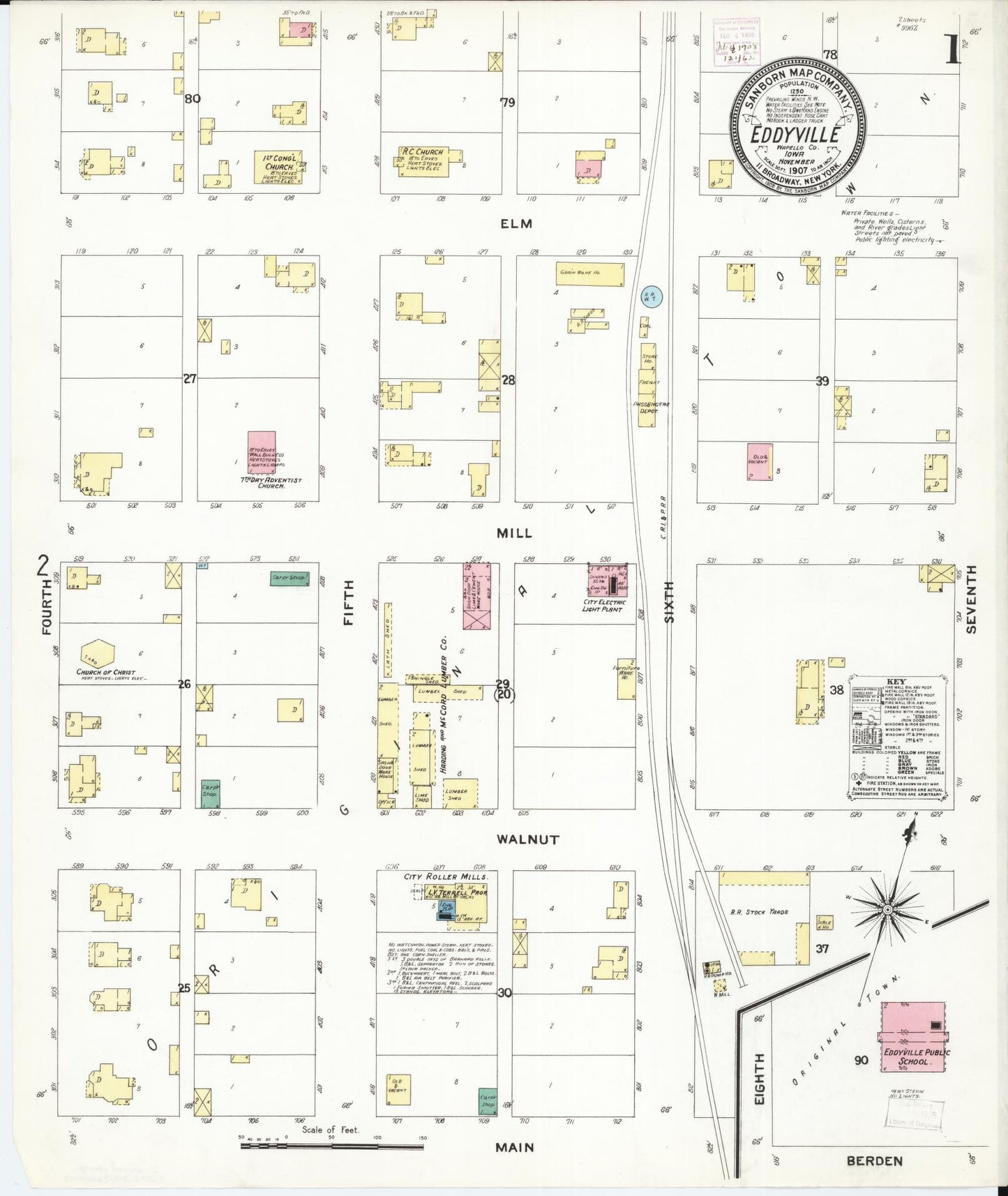 Sanborn Fire Insurance Map from Eddyville, Wapello County, Iowa (1907), Sheet #0001 - Historic Sanborn Fire Insurance Map Print, vintage old map wall art