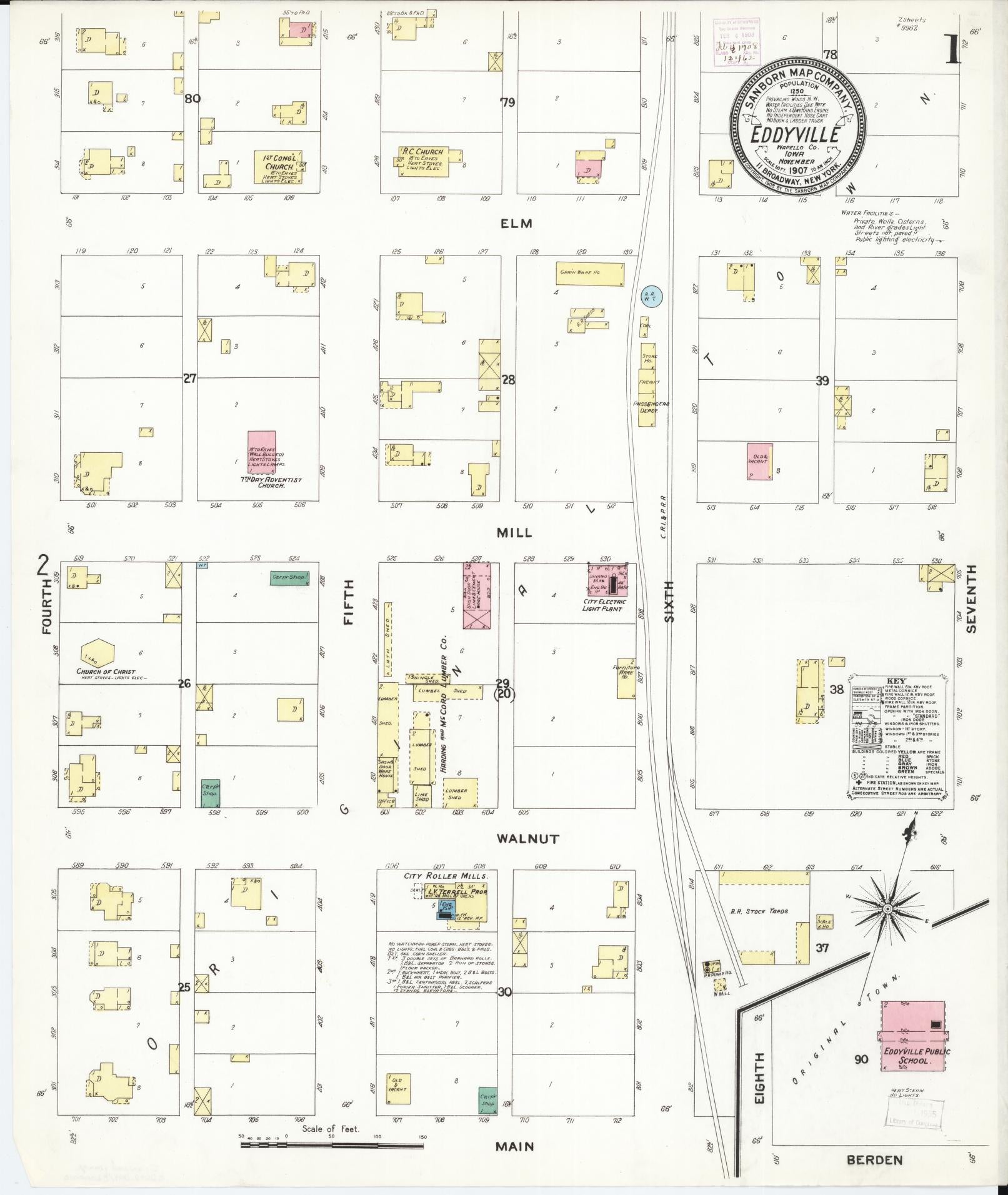 Sanborn Fire Insurance Map from Eddyville, Wapello County, Iowa (1907), Sheet #0001 - Historic Sanborn Fire Insurance Map Print, vintage old map wall art