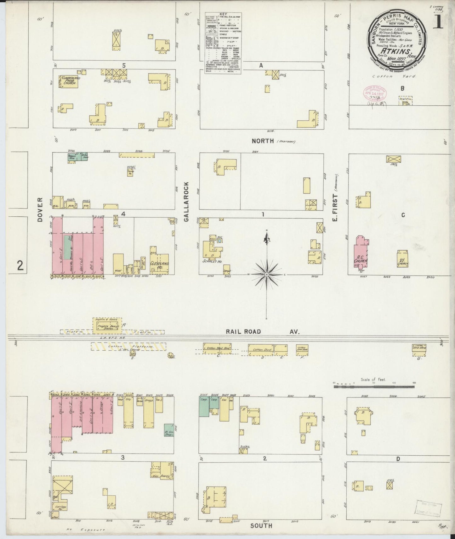 Sanborn Fire Insurance Map from Atkins, Pope County, Arkansas (1897), Sheet #0001 - Historic Sanborn Fire Insurance Map Print, vintage old map wall art, antique decor, genealogy gift, Arkansas Arkansas map