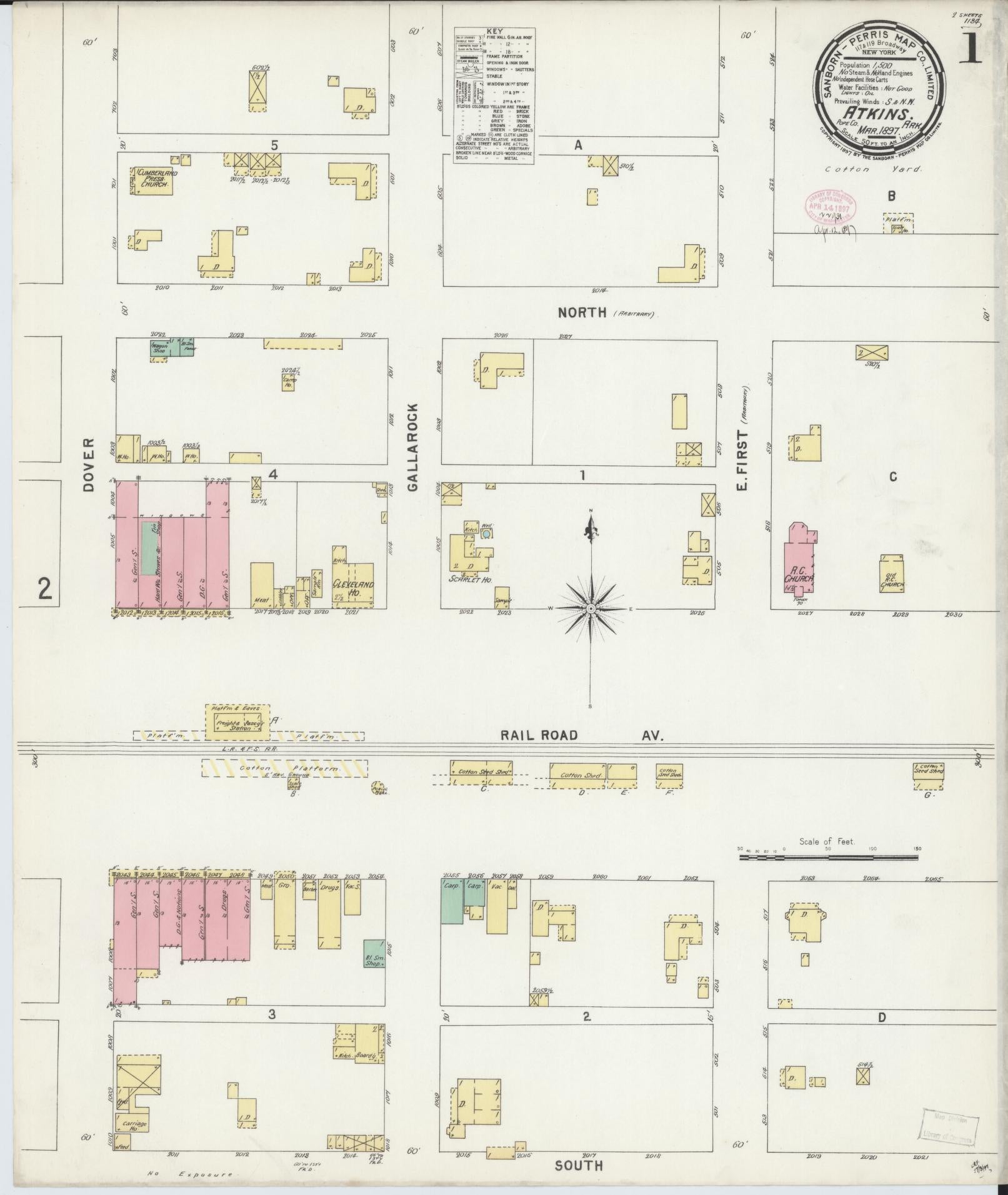 Sanborn Fire Insurance Map from Atkins, Pope County, Arkansas (1897), Sheet #0001 - Historic Sanborn Fire Insurance Map Print, vintage old map wall art, antique decor, genealogy gift, Arkansas Arkansas map