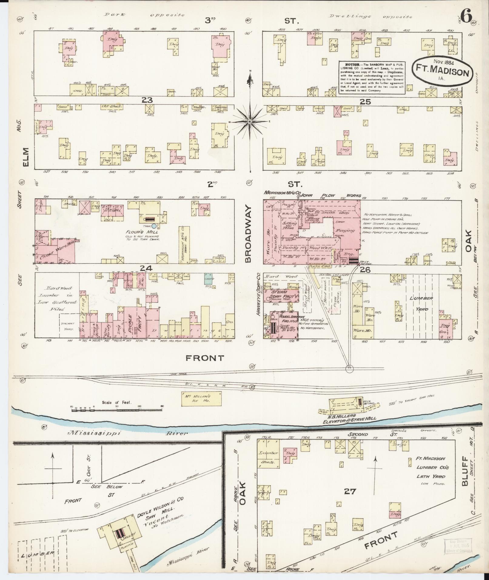 Sanborn Fire Insurance Map from Fort Madison, Lee County, Iowa (1884), Sheet #0006 - Historic Sanborn Fire Insurance Map Print, vintage old map wall art