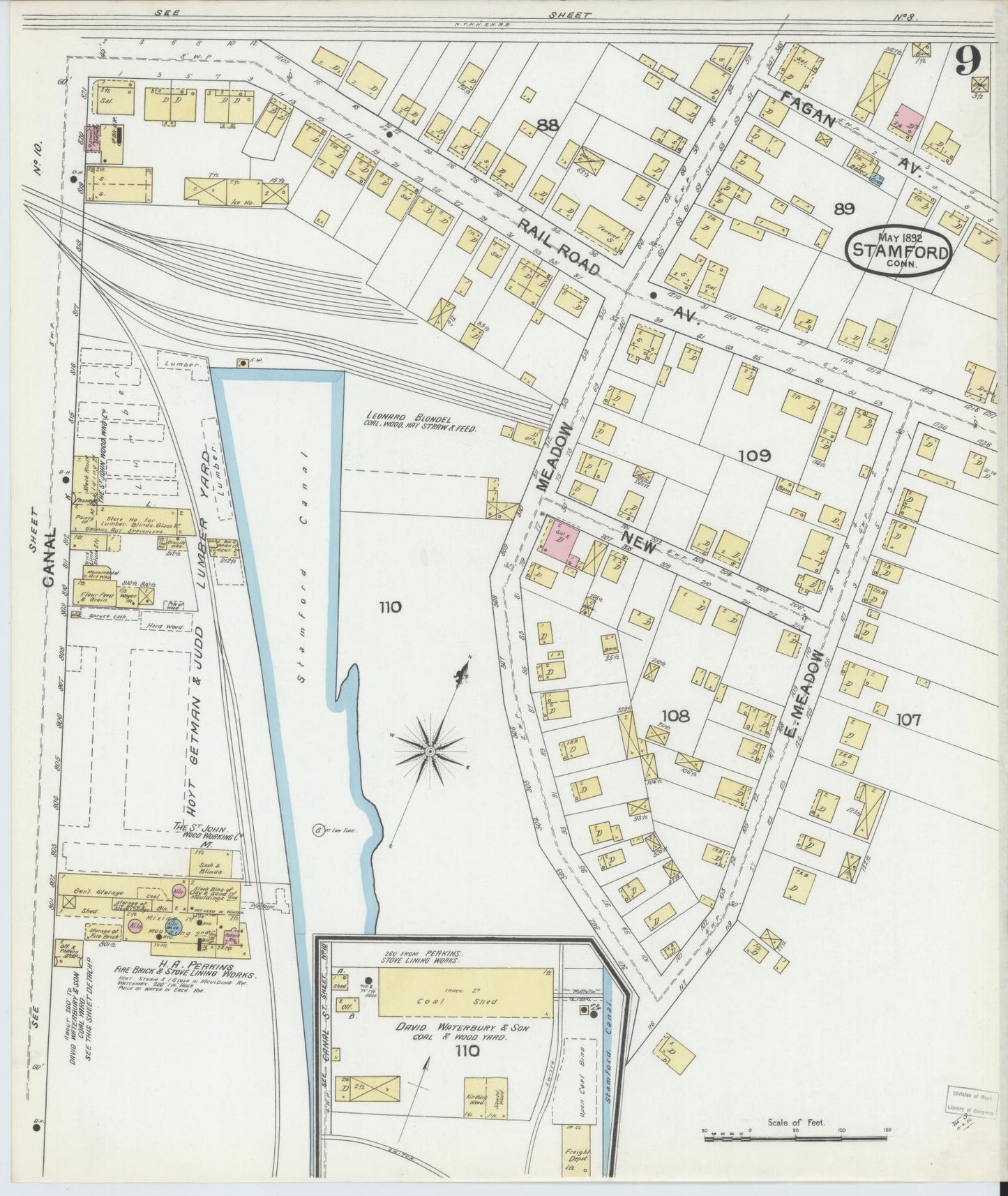 Sanborn Fire Insurance Map from Stamford, Fairfield County, Connecticut (1892), Sheet #0009 - Complete Map Set gallery image, historic Sanborn map, vintage wall art, Connecticut Connecticut