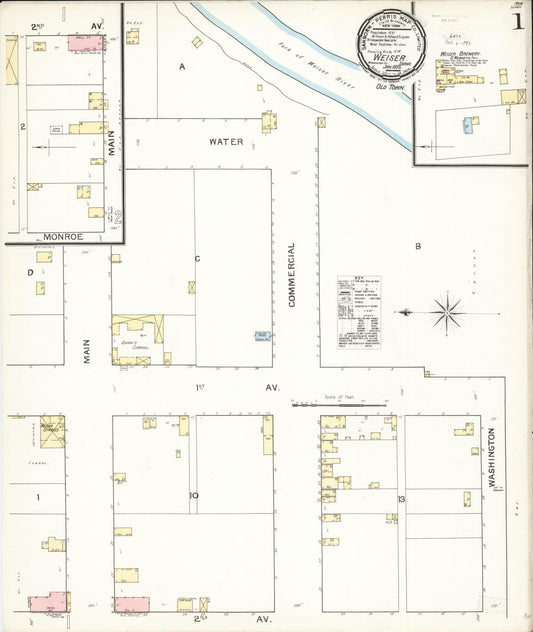 Sanborn Fire Insurance Map from Weiser, Washington County, Idaho (1893), Sheet #0001 - Historic Sanborn Fire Insurance Map Print, vintage old map wall art, antique decor, genealogy gift, Idaho Idaho map