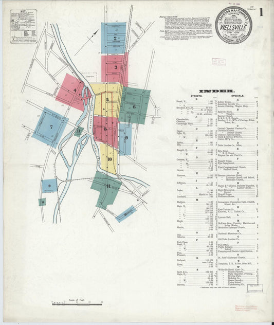 Sanborn Fire Insurance Map from Wellsville, Allegany County, New York (1909), Sheet #0001 - Historic Sanborn Fire Insurance Map Print, vintage old map wall art, antique decor, genealogy gift, New York New York map