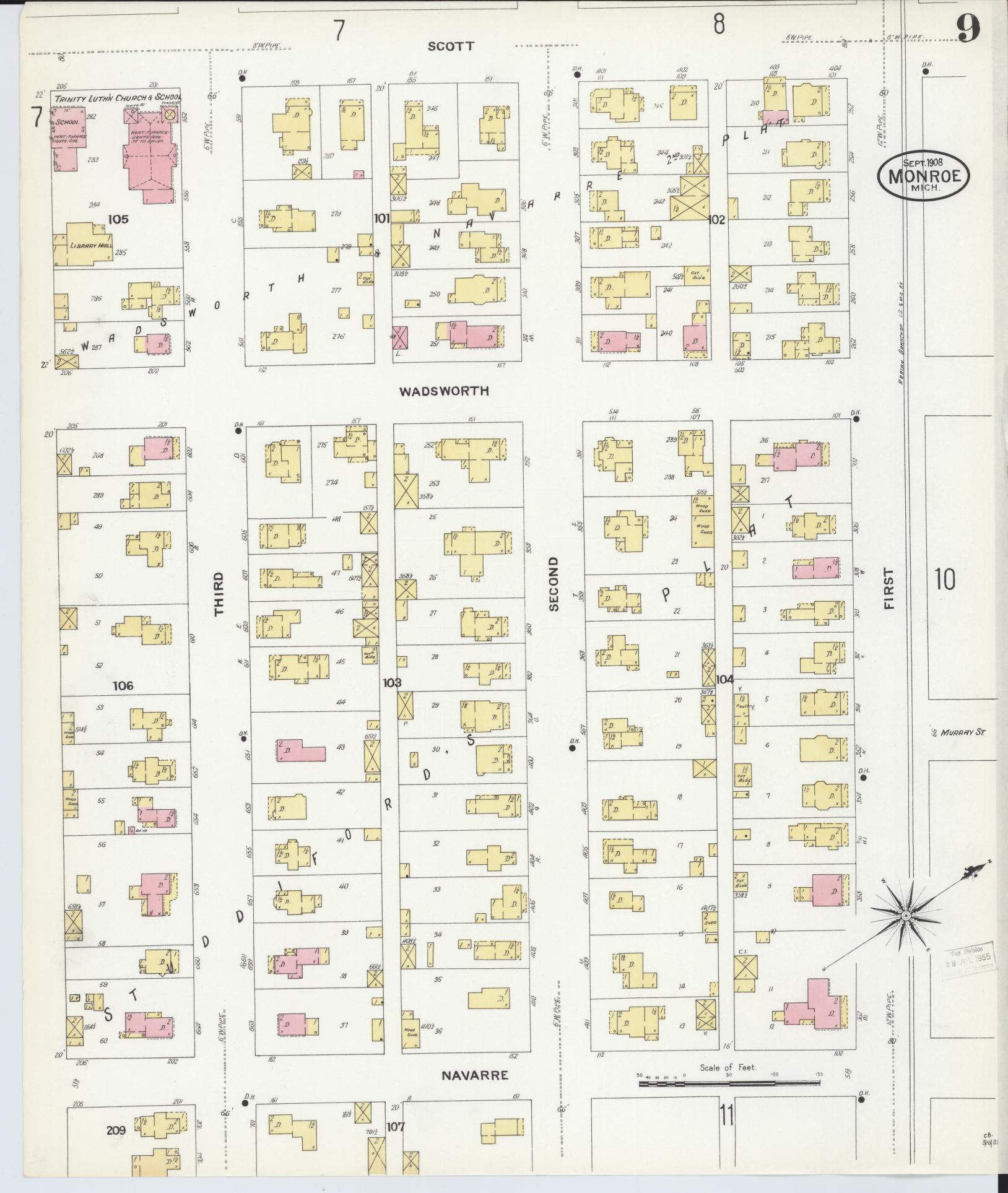 Sanborn Fire Insurance Map from Monroe, Monroe County, Michigan (1908), Sheet #0009 - Complete Map Set gallery image, historic Sanborn map, vintage wall art, Michigan Michigan