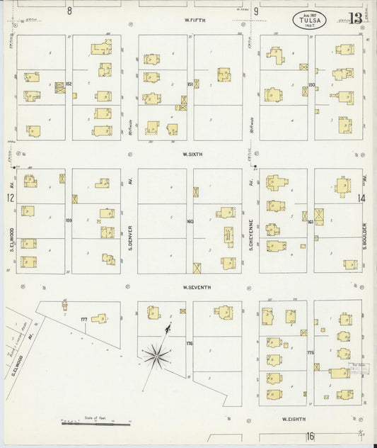 Sanborn Fire Insurance Map from Tulsa, Tulsa County, Oklahoma (1907), Sheet #0013 - Historic Sanborn Fire Insurance Map Print, vintage old map wall art, antique decor, genealogy gift, Oklahoma Oklahoma map