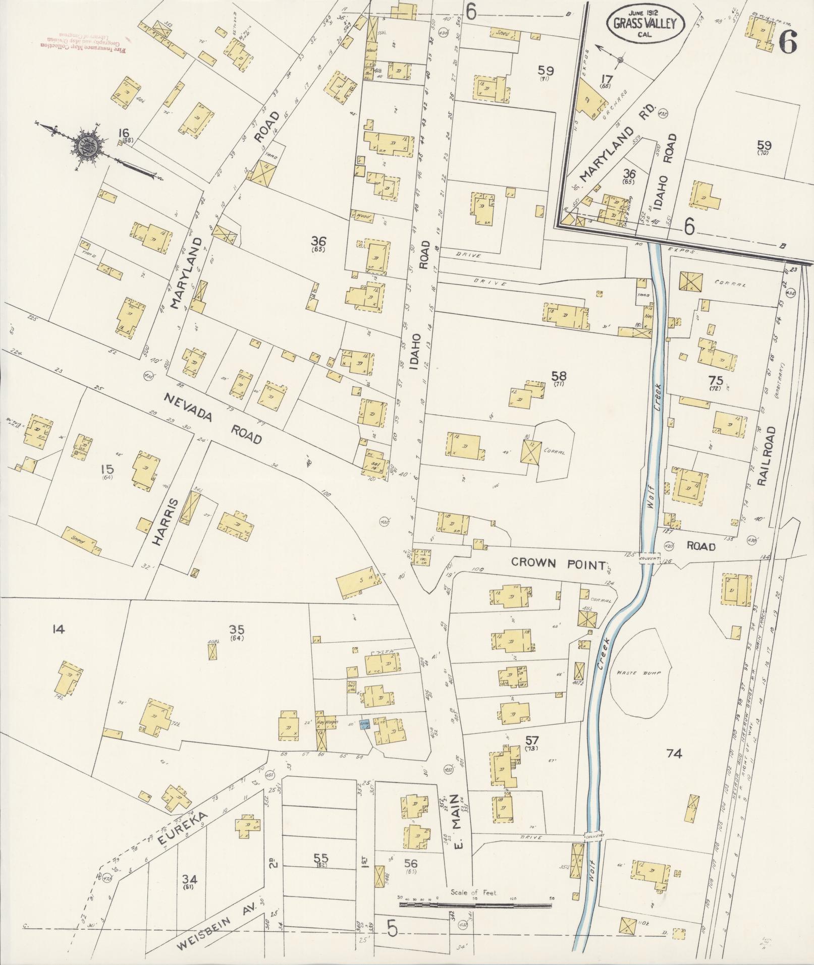 Sanborn Fire Insurance Map from Grass Valley, Nevada County, California (1912), Sheet #0006 - Historic Sanborn Fire Insurance Map Print, vintage old map wall art, antique decor, genealogy gift, Grass Valley Nevada map