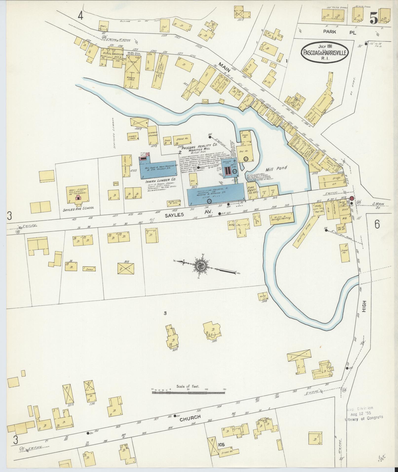 Sanborn Fire Insurance Map from Pascoag, Providence County, Rhode Island (1911), Sheet #0005 - Complete Map Set gallery image, historic Sanborn map, vintage wall art, Rhode Island Rhode Island