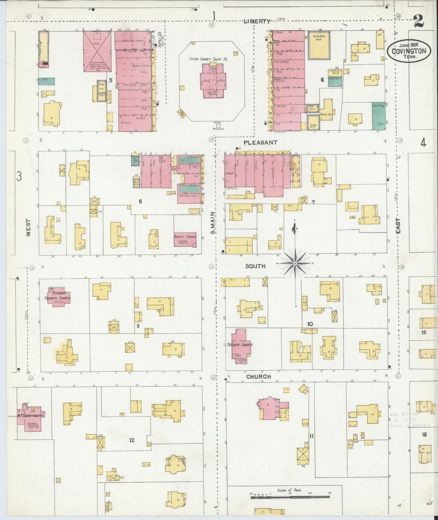 Sanborn Fire Insurance Map from Covington, Tipton County, Tennessee (1905), Sheet #0002 - Historic Sanborn Fire Insurance Map Print, vintage old map wall art, antique decor, genealogy gift, Tennessee Tennessee map