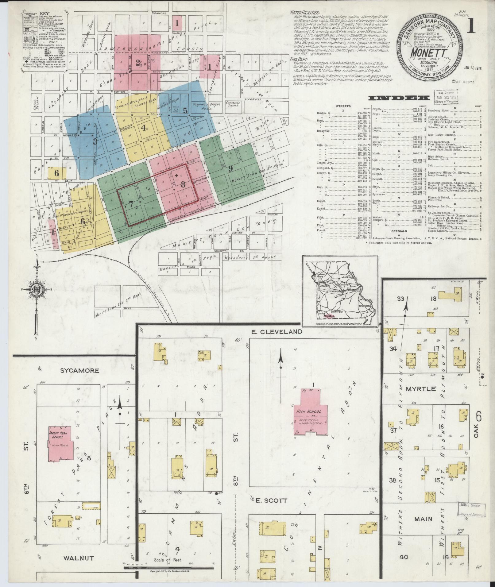 Sanborn Fire Insurance Map from Monett, Barry County, Missouri (1917), Sheet #0001 - Complete Map Set gallery image, historic Sanborn map, vintage wall art, Missouri Missouri