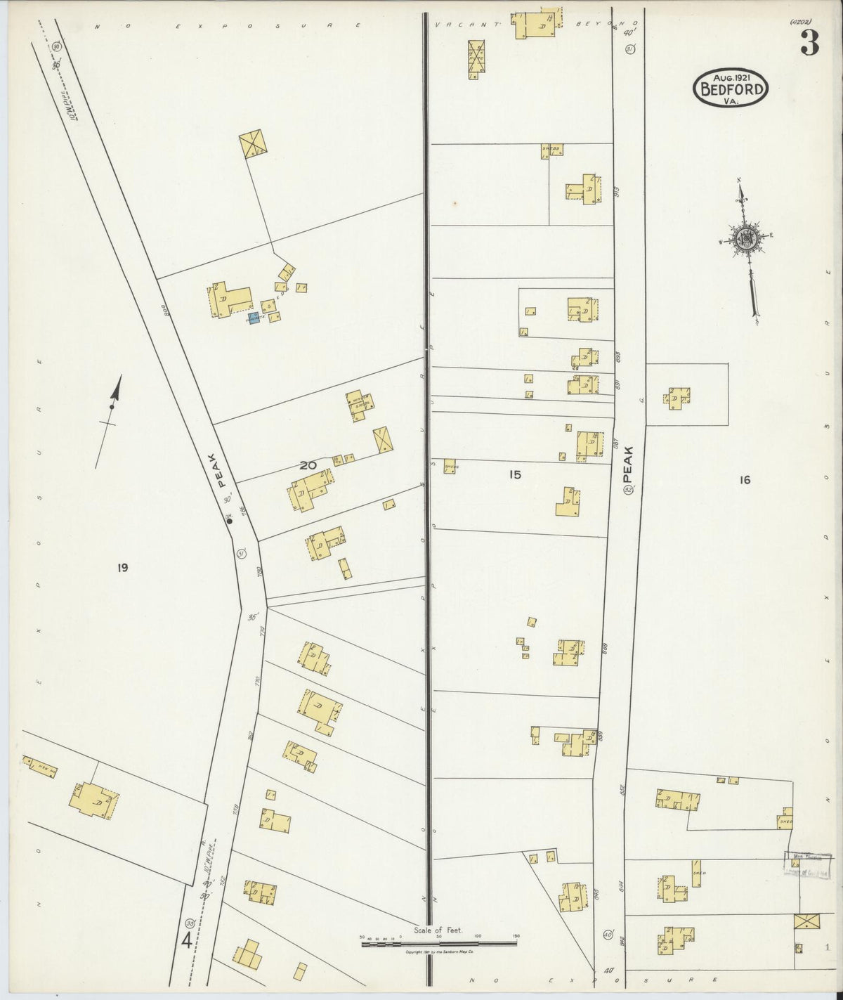 Sanborn Fire Insurance Map from Bedford, Independent Cities, Virginia (1921), Sheet #0003 - Complete Map Set gallery image, historic Sanborn map, vintage wall art, Virginia Virginia
