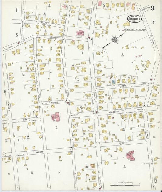 Sanborn Fire Insurance Map from Rock Hill, York County, South Carolina (1916), Sheet #0009 - Historic Sanborn Fire Insurance Map Print, vintage old map wall art, antique decor, genealogy gift, South Carolina South Carolina map