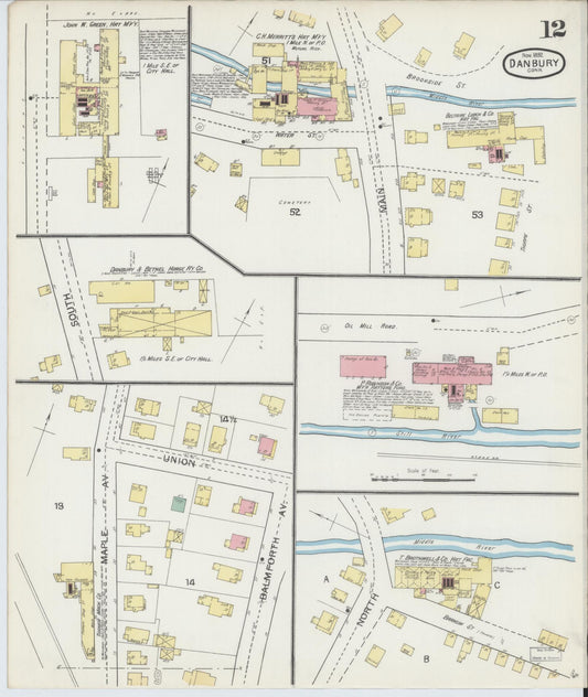 Sanborn Fire Insurance Map from Danbury, Fairfield County, Connecticut (1892), Sheet #0012 - Historic Sanborn Fire Insurance Map Print, vintage old map wall art, antique decor, genealogy gift, Connecticut Connecticut map