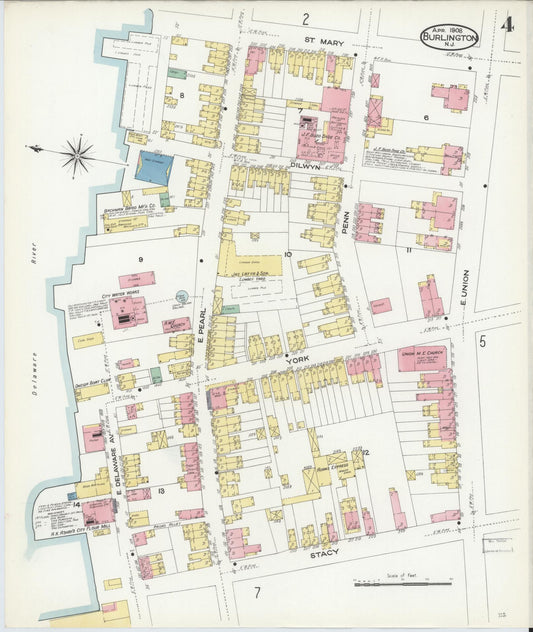 Sanborn Fire Insurance Map from Burlington, Burlington County, New Jersey (1908), Sheet #0003 - Historic Sanborn Fire Insurance Map Print, vintage old map wall art, antique decor, genealogy gift, New Jersey New Jersey map