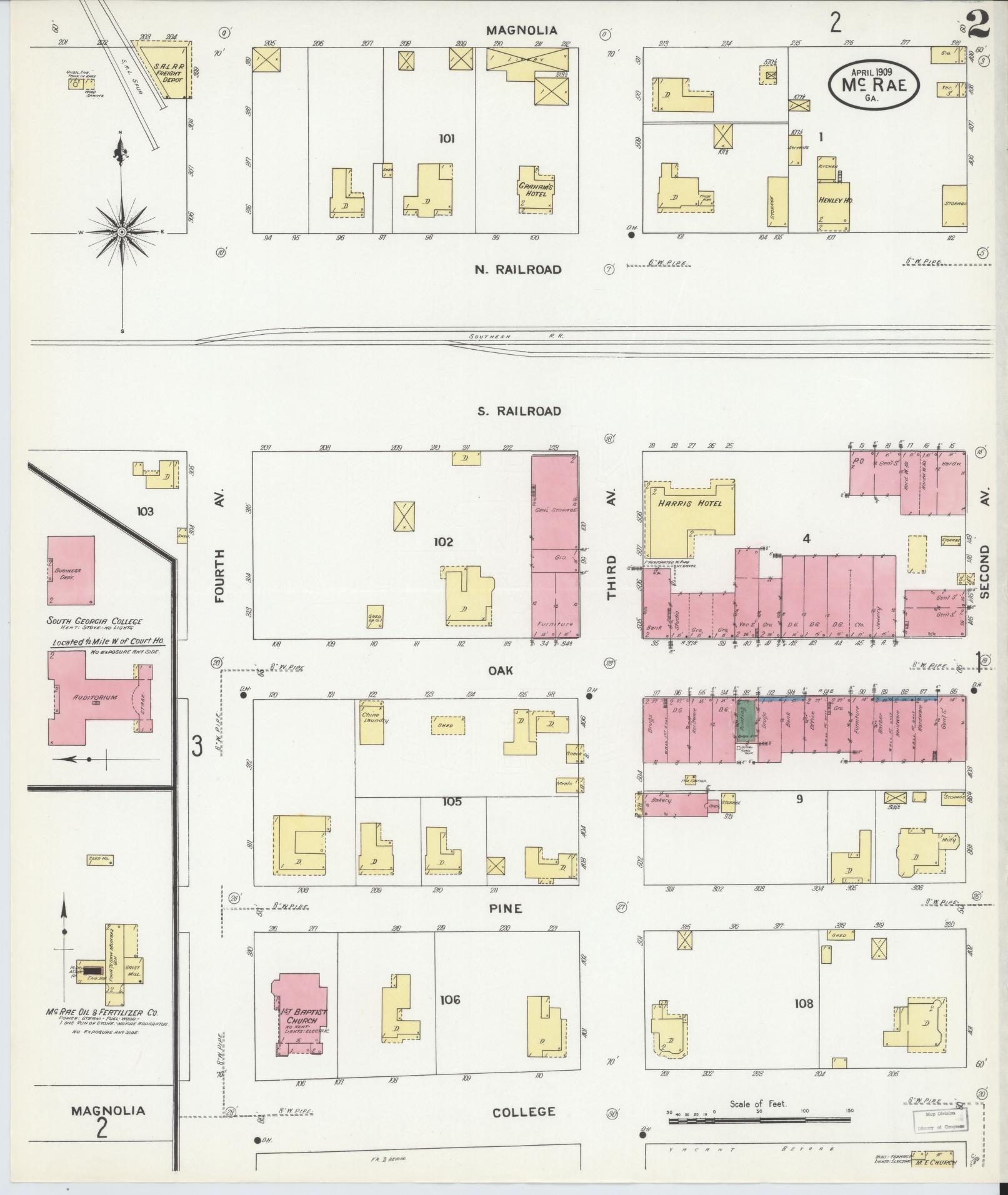 Sanborn Fire Insurance Map from Mcrae, Telfair County, Georgia (1909), Sheet #0002 - Historic Sanborn Fire Insurance Map Print, vintage old map wall art, antique decor, genealogy gift, Georgia Georgia map