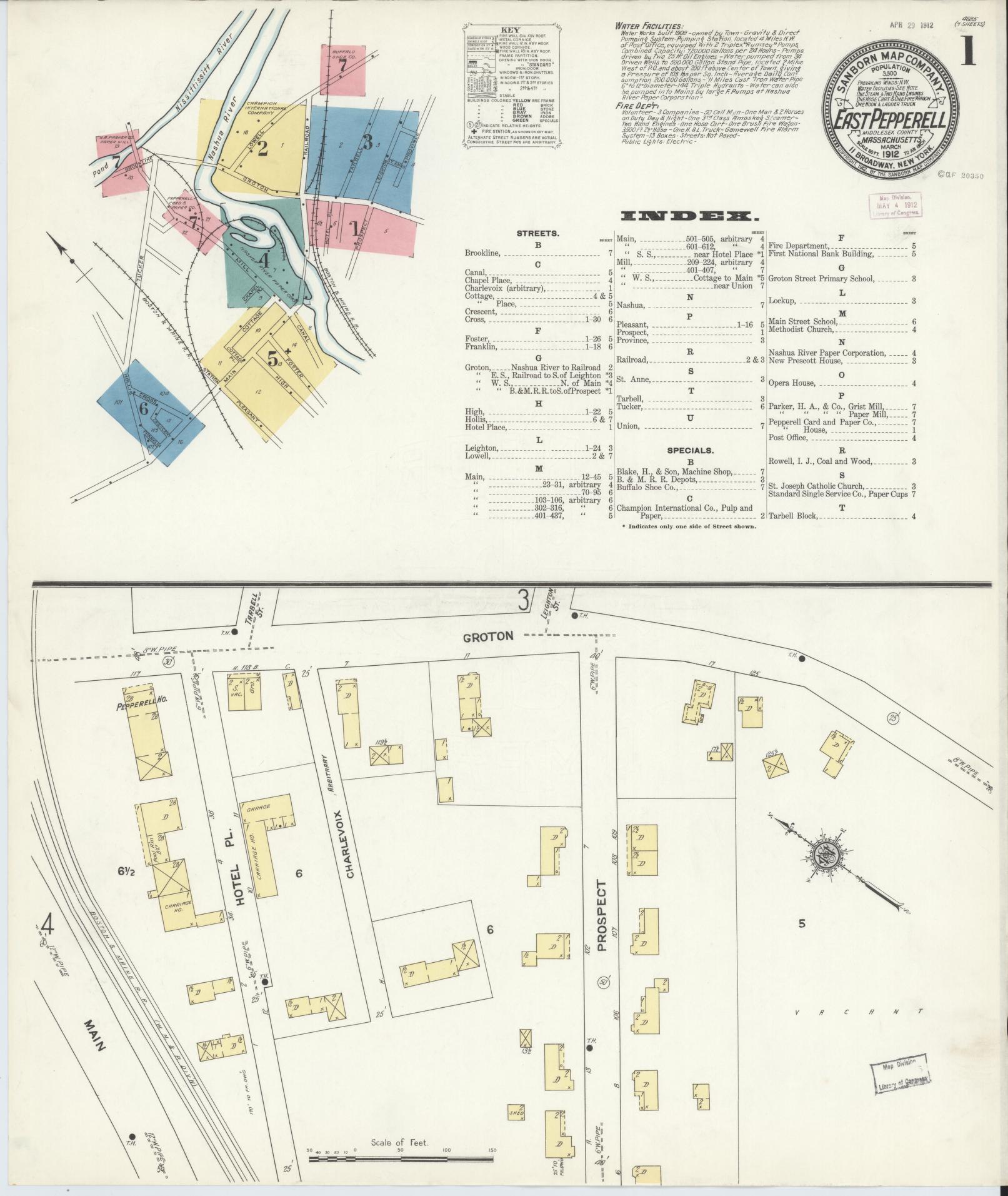 Sanborn Fire Insurance Map from East Pepperell, Middlesex County, Massachusetts (1912), Sheet #0001 - Historic Sanborn Fire Insurance Map Print, vintage old map wall art, antique decor, genealogy gift, Massachusetts Massachusetts map