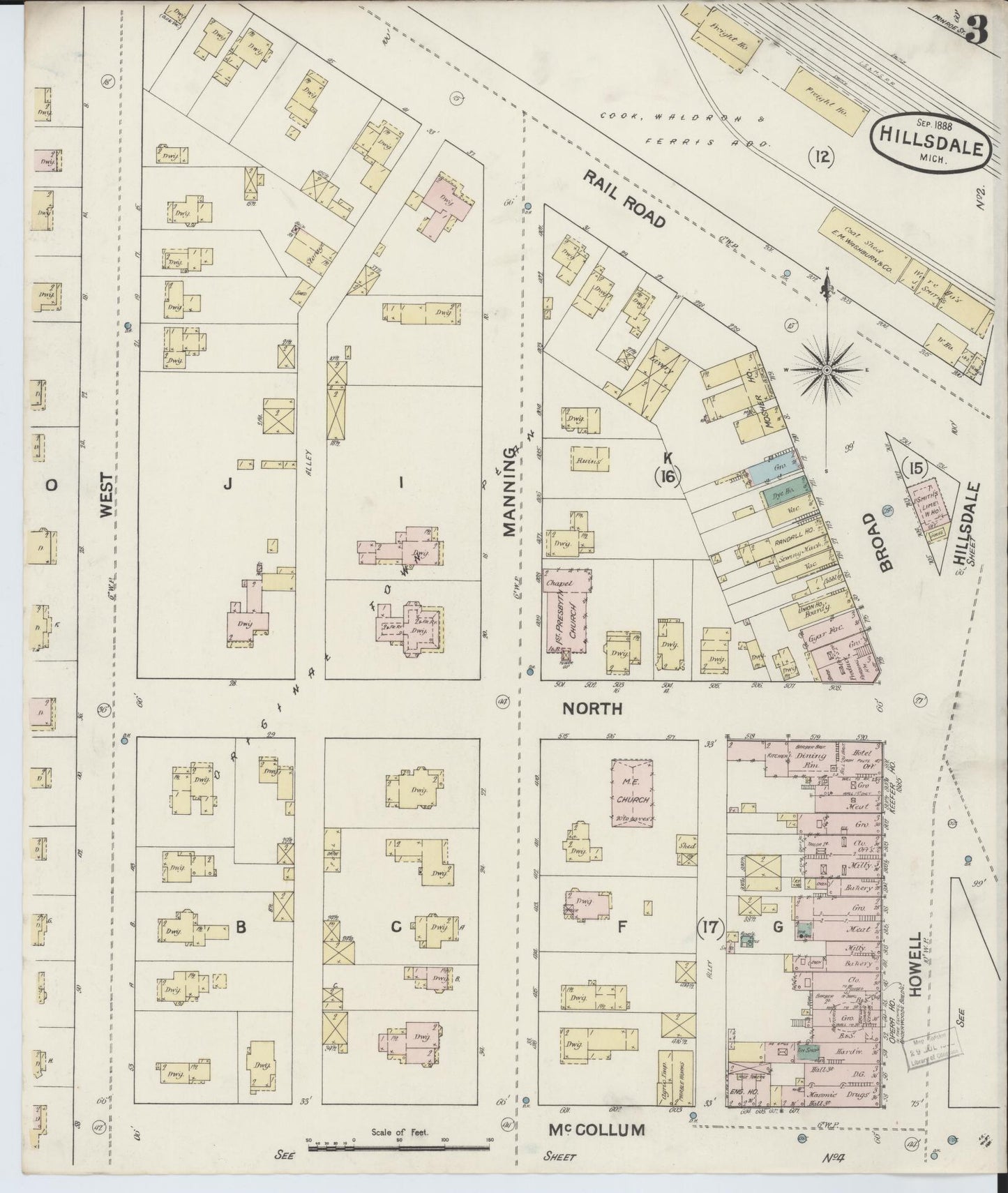 Sanborn Fire Insurance Map from Hillsdale, Hillsdale County, Michigan (1888), Sheet #0003 - Complete Map Set gallery image, historic Sanborn map, vintage wall art, Michigan Michigan