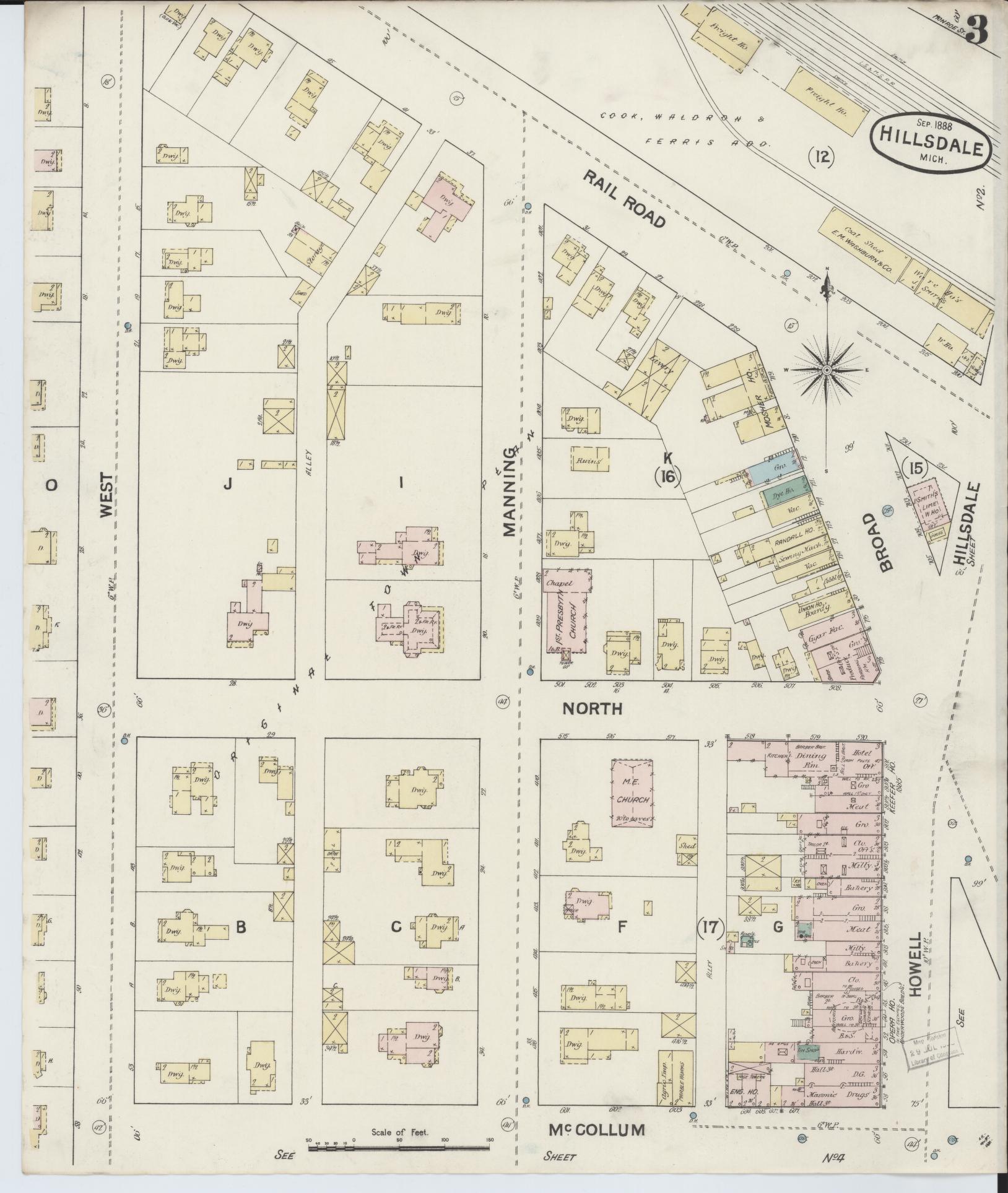 Sanborn Fire Insurance Map from Hillsdale, Hillsdale County, Michigan (1888), Sheet #0003 - Complete Map Set gallery image, historic Sanborn map, vintage wall art, Michigan Michigan