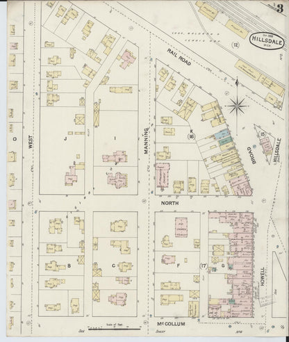 Sanborn Fire Insurance Map from Hillsdale, Hillsdale County, Michigan (1888), Sheet #0003 - Complete Map Set gallery image, historic Sanborn map, vintage wall art, Michigan Michigan