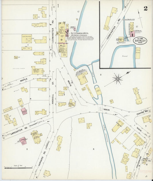 Sanborn Fire Insurance Map from Shirley, Middlesex County, Massachusetts (1908), Sheet #0002 - Historic Sanborn Fire Insurance Map Print, vintage old map wall art, antique decor, genealogy gift, Massachusetts Massachusetts map