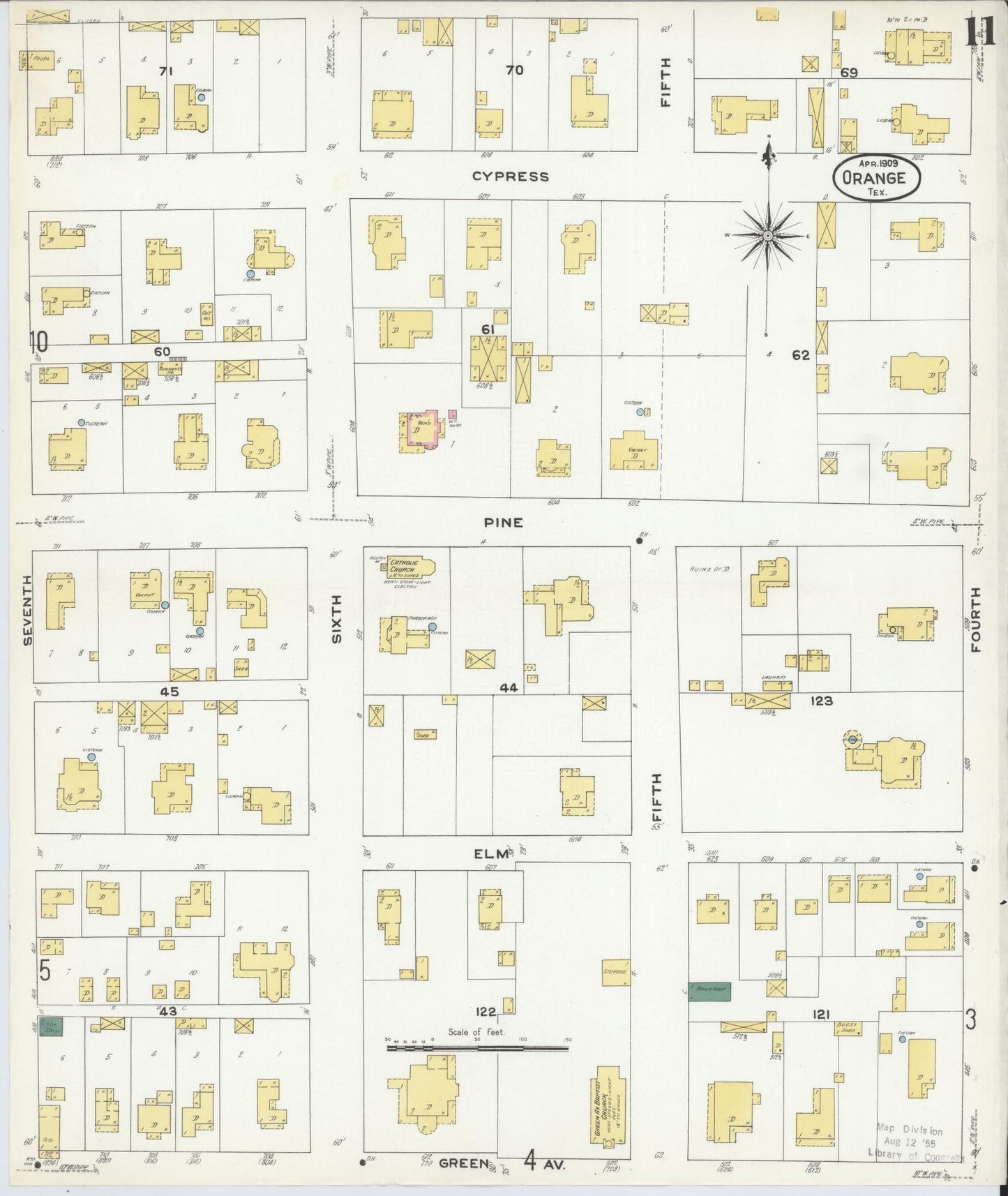 Sanborn Fire Insurance Map from Orange, Orange County, Texas (1909), Sheet #0011 - Historic Sanborn Fire Insurance Map Print, vintage old map wall art, antique decor, genealogy gift, Texas Texas map