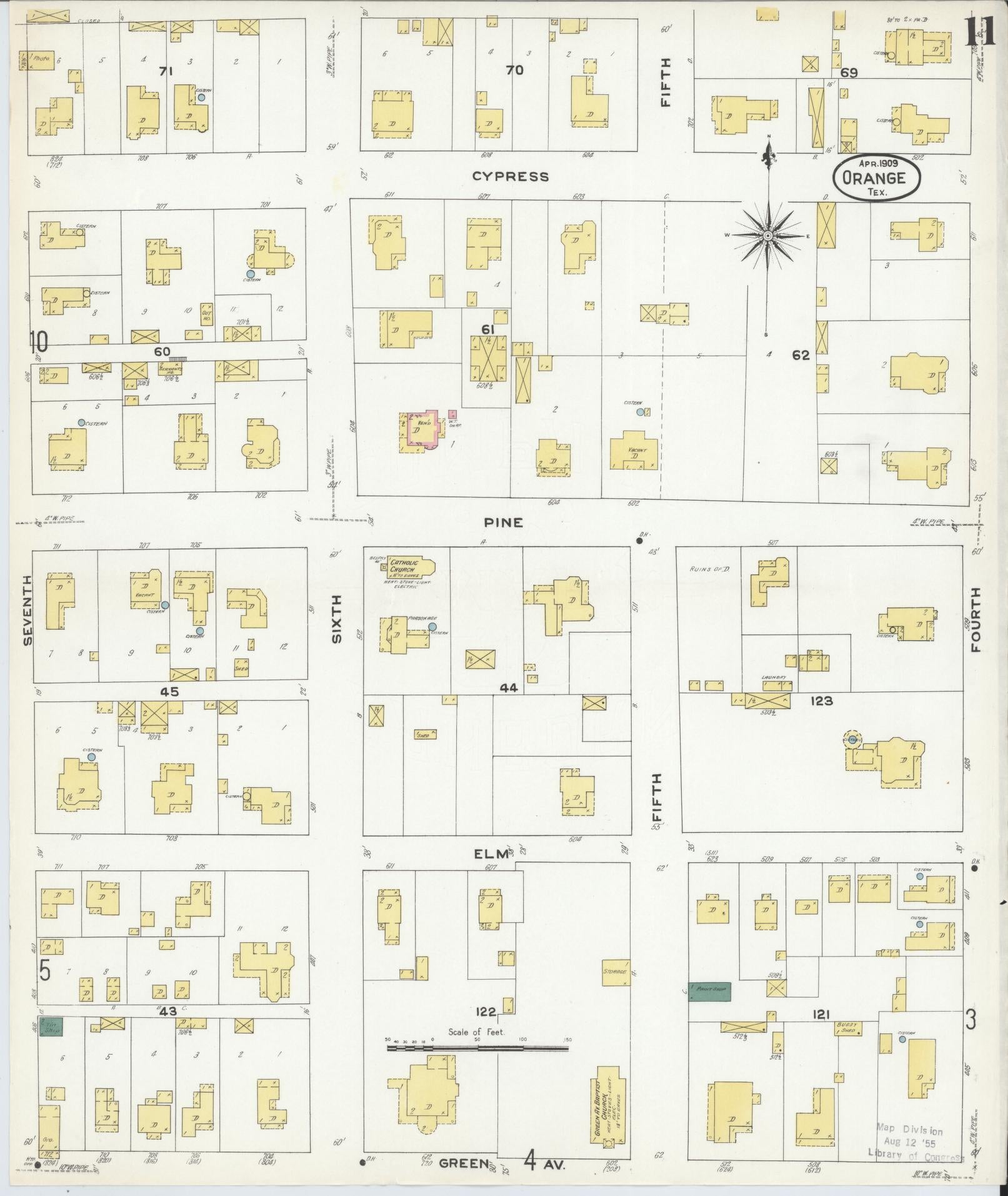 Sanborn Fire Insurance Map from Orange, Orange County, Texas (1909), Sheet #0011 - Historic Sanborn Fire Insurance Map Print, vintage old map wall art, antique decor, genealogy gift, Texas Texas map