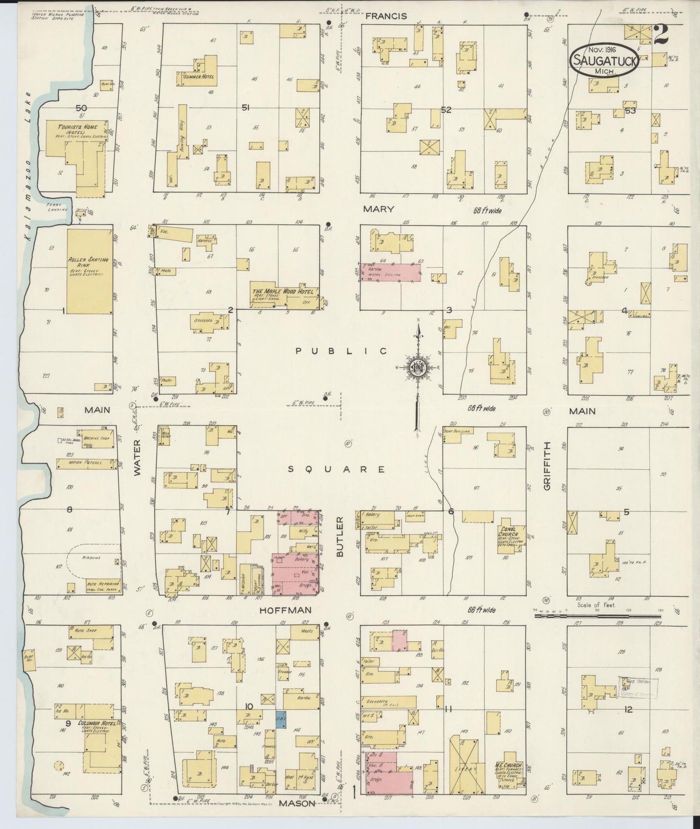 Sanborn Fire Insurance Map from Saugatuck, Allegan County, Michigan (1916), Sheet #0002 - Complete Map Set gallery image, historic Sanborn map, vintage wall art, Michigan Michigan
