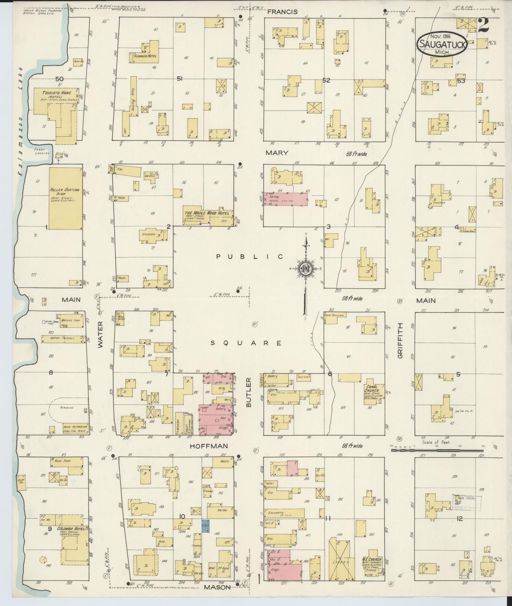 Sanborn Fire Insurance Map from Saugatuck, Allegan County, Michigan (1916), Sheet #0002 - Complete Map Set gallery image, historic Sanborn map, vintage wall art, Michigan Michigan