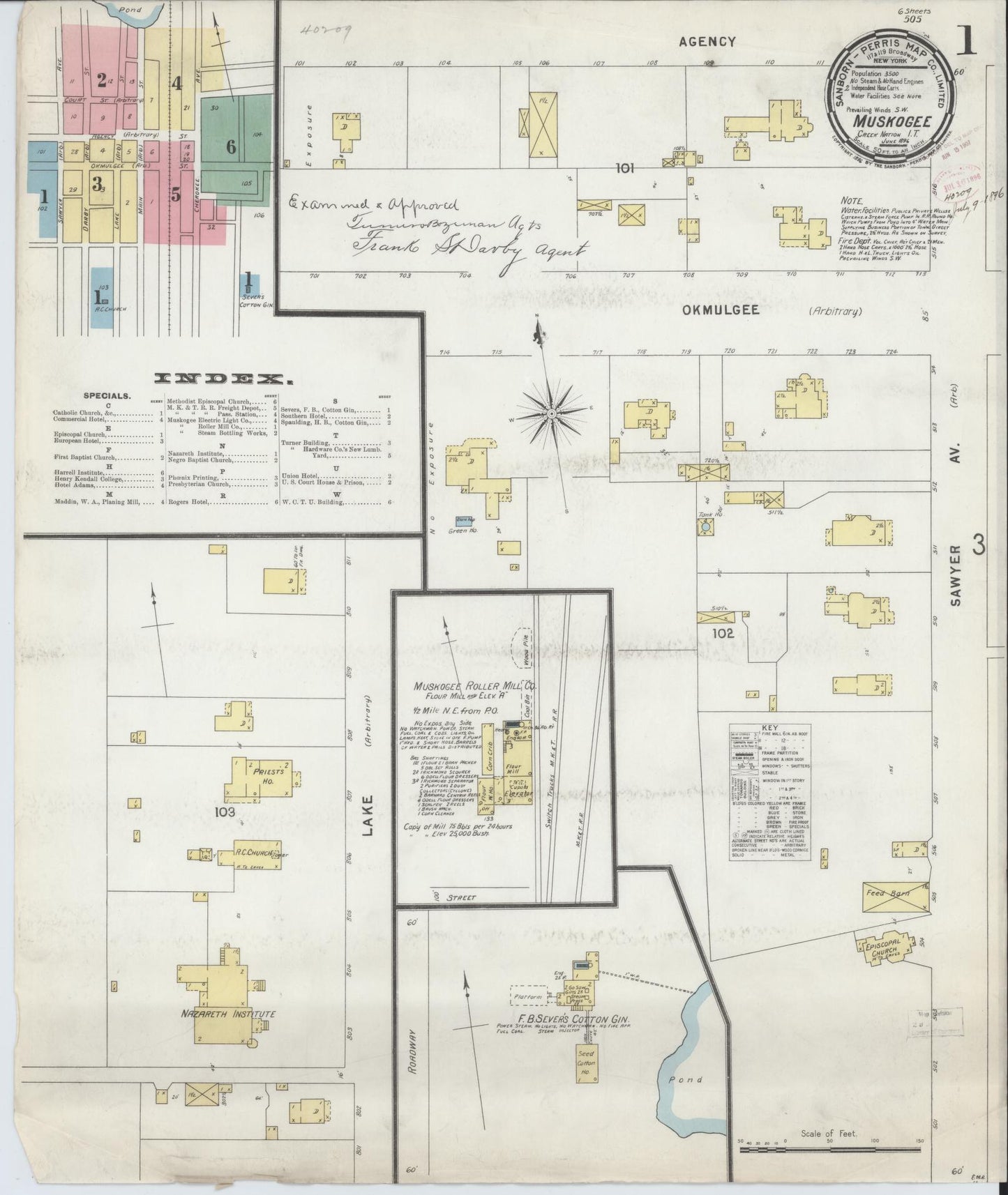 Sanborn Fire Insurance Map from Muskogee, Muskogee County, Oklahoma (1896), Sheet #0001 - Historic Sanborn Fire Insurance Map Print, vintage old map wall art, antique decor, genealogy gift, Oklahoma Oklahoma map