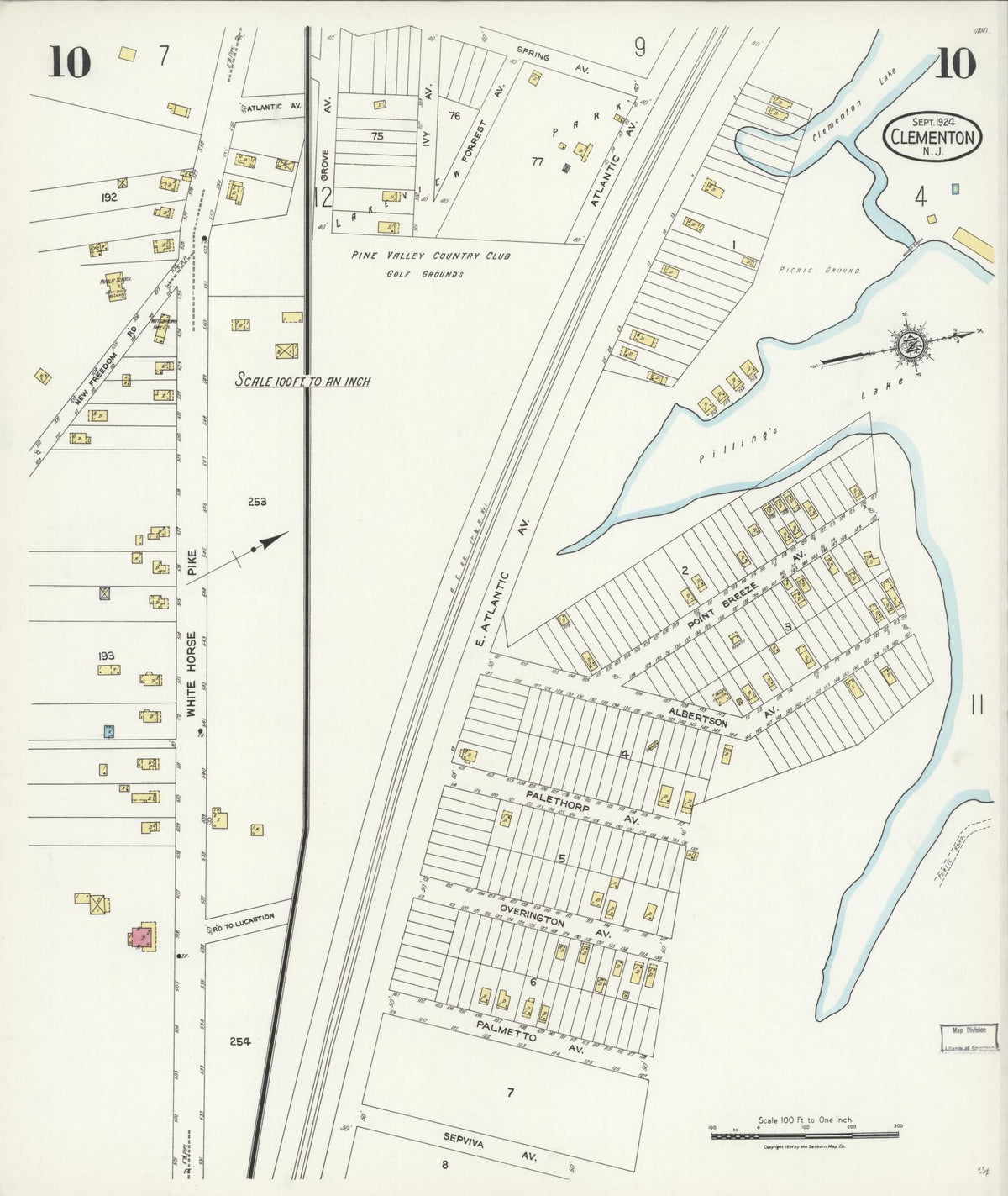 Sanborn Fire Insurance Map from Clementon, Camden County, New Jersey (1924), Sheet #0010 - Historic Sanborn Fire Insurance Map Print, vintage old map wall art, antique decor, genealogy gift, New Jersey New Jersey map