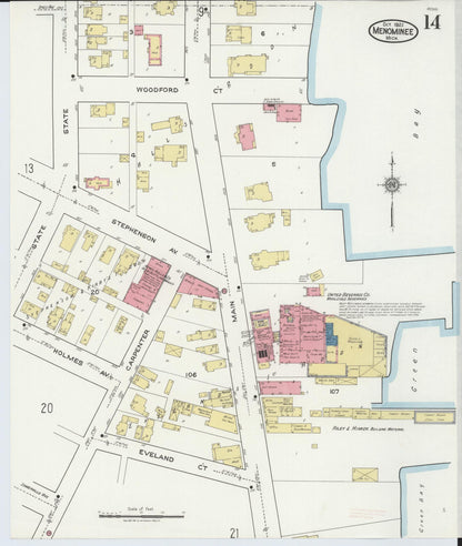 Sanborn Fire Insurance Map from Menominee, Menominee County, Michigan (1921), Sheet #0014 - Historic Sanborn Fire Insurance Map Print, vintage old map wall art, antique decor, genealogy gift, Michigan Michigan map