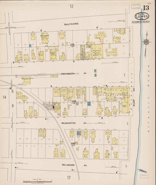 Sanborn Fire Insurance Map from Lewes, Sussex County, Delaware (1922), Sheet #0013 - Historic Sanborn Fire Insurance Map Print, vintage old map wall art, antique decor, genealogy gift, Delaware Delaware map