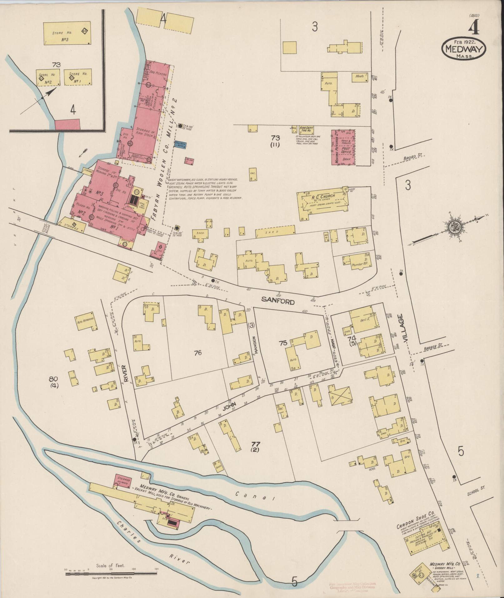 Sanborn Fire Insurance Map from Medway, Norfolk County, Massachusetts (1922), Sheet #0004 - Complete Map Set gallery image, historic Sanborn map, vintage wall art, Massachusetts Massachusetts
