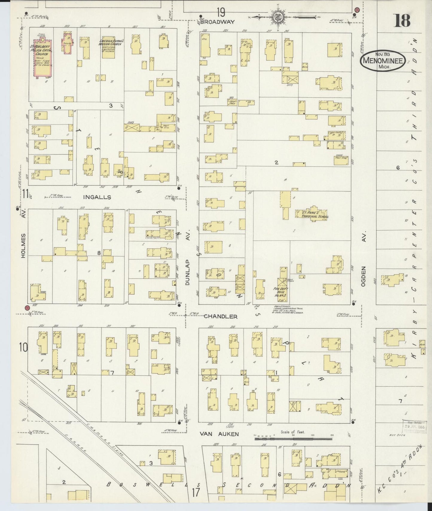 Sanborn Fire Insurance Map from Menominee, Menominee County, Michigan (1913), Sheet #0018 - Historic Sanborn Fire Insurance Map Print, vintage old map wall art, antique decor, genealogy gift, Michigan Michigan map