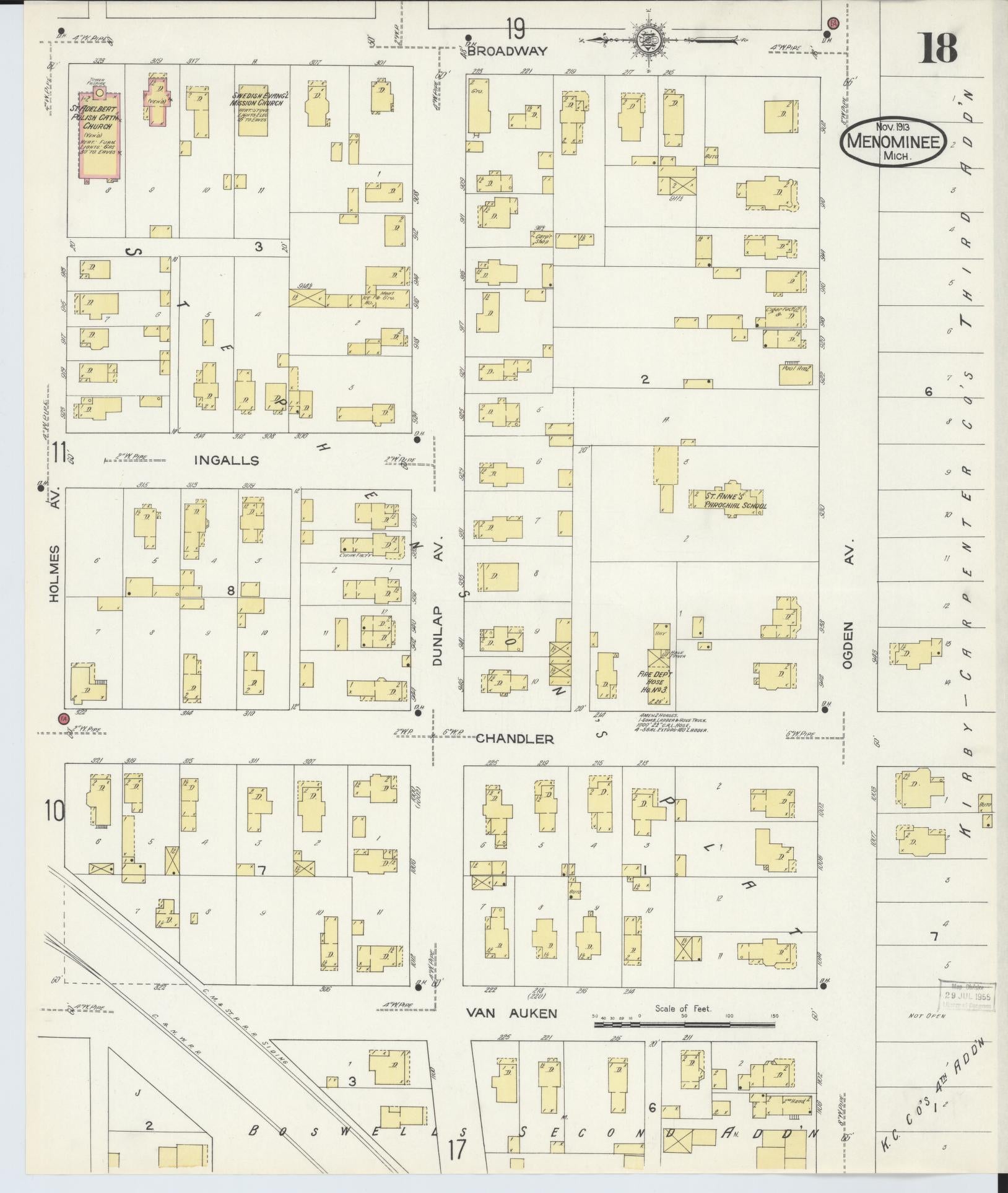 Sanborn Fire Insurance Map from Menominee, Menominee County, Michigan (1913), Sheet #0018 - Historic Sanborn Fire Insurance Map Print, vintage old map wall art, antique decor, genealogy gift, Michigan Michigan map
