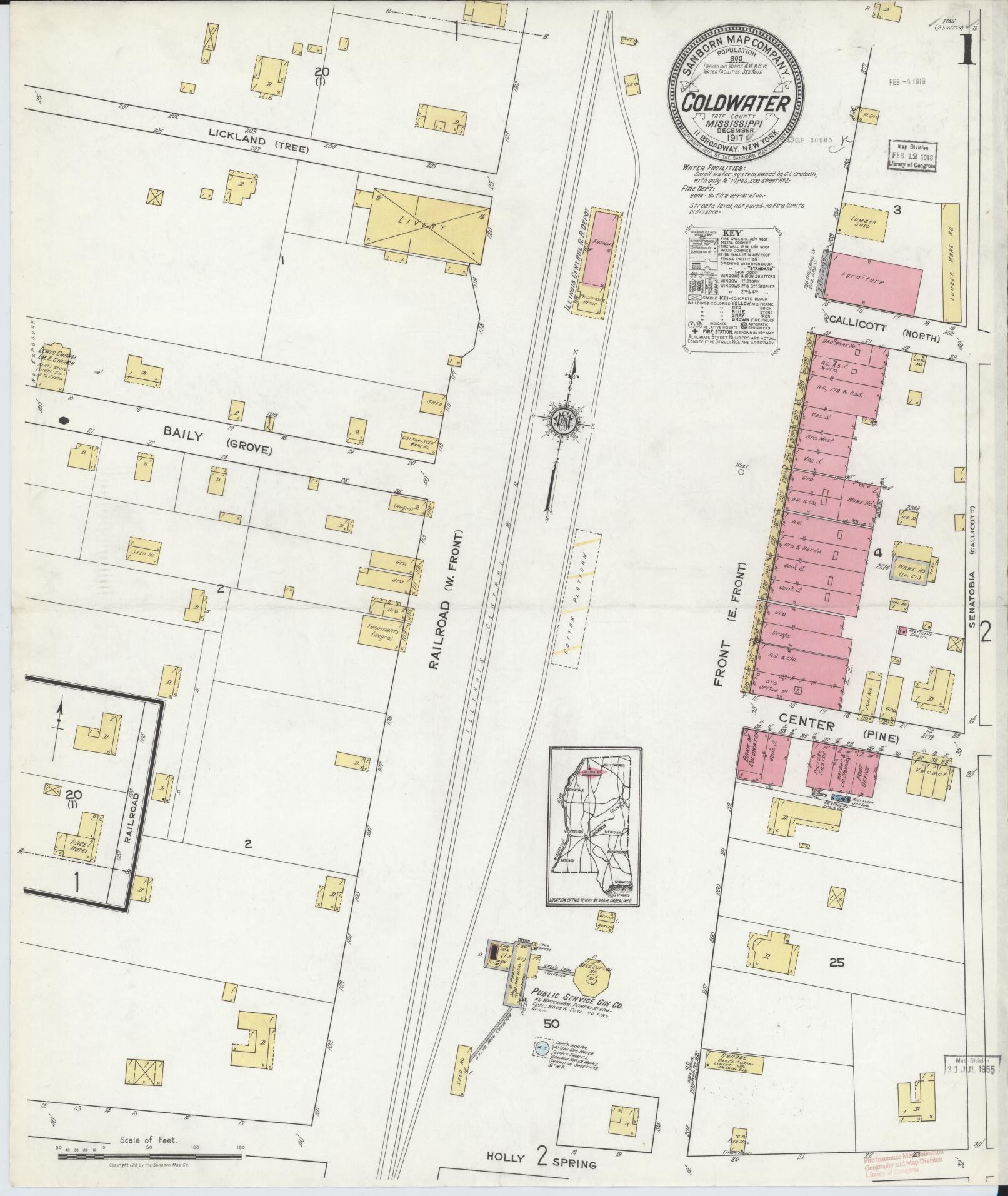 Sanborn Fire Insurance Map from Coldwater, Tate County, Mississippi (1917), Sheet #0001 - Complete Map Set gallery image, historic Sanborn map, vintage wall art, Mississippi Mississippi