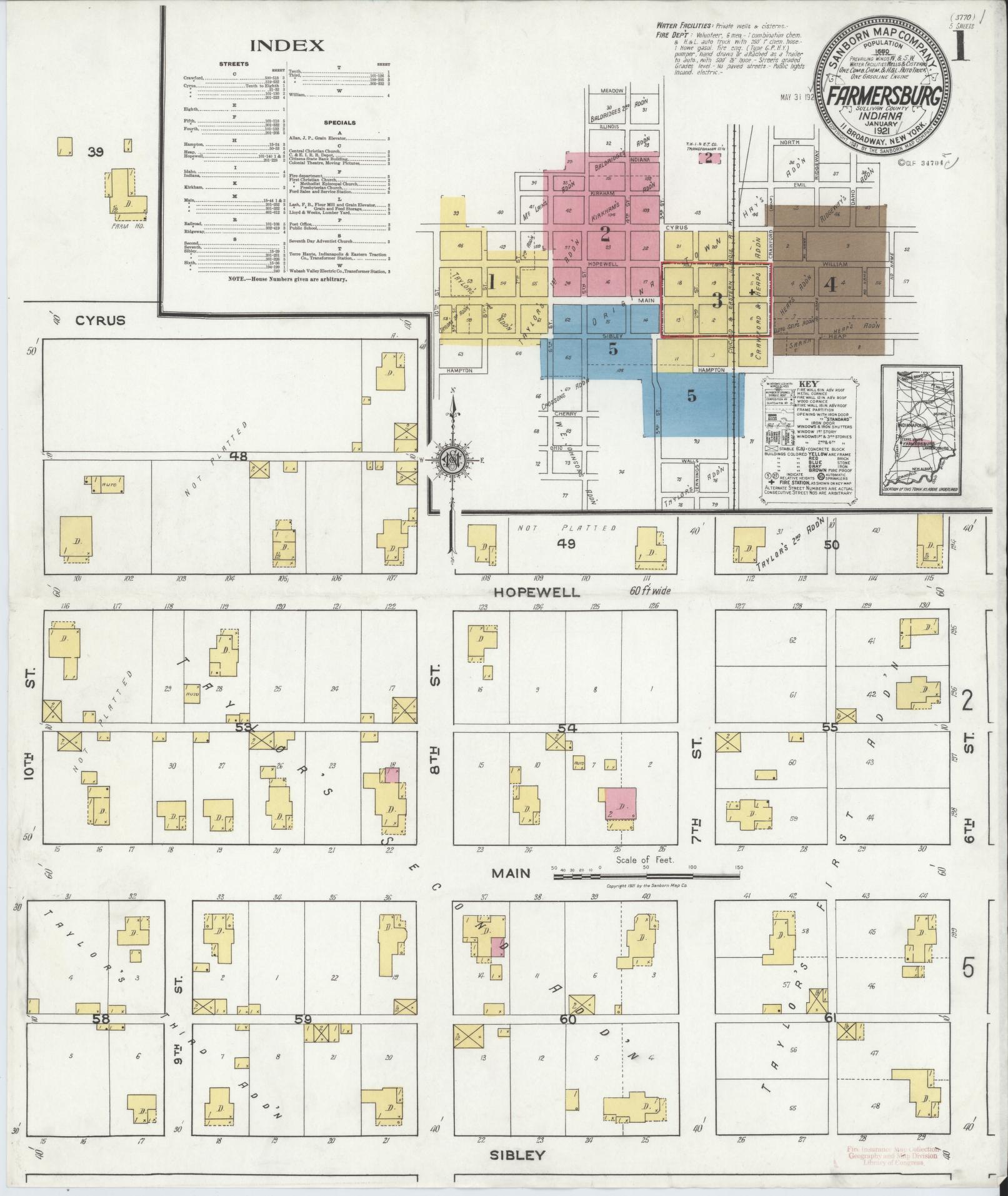Sanborn Fire Insurance Map from Farmersburg, Sullivan County, Indiana (1921), Sheet #0001 - Complete Map Set gallery image, historic Sanborn map, vintage wall art, Indiana Indiana