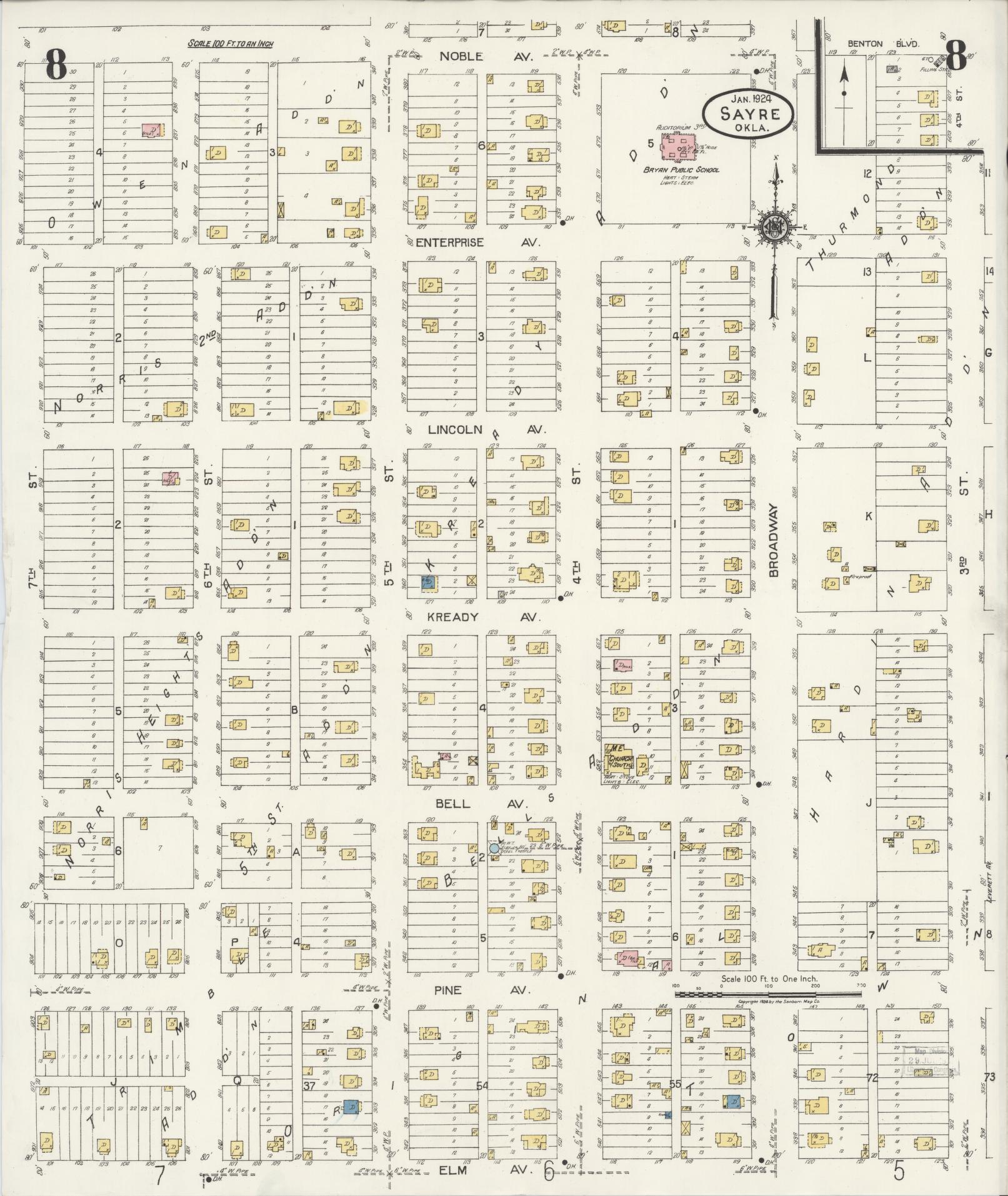 Sanborn Fire Insurance Map from Sayre, Beckham County, Oklahoma (1924), Sheet #0008 - Complete Map Set gallery image, historic Sanborn map, vintage wall art, Oklahoma Oklahoma
