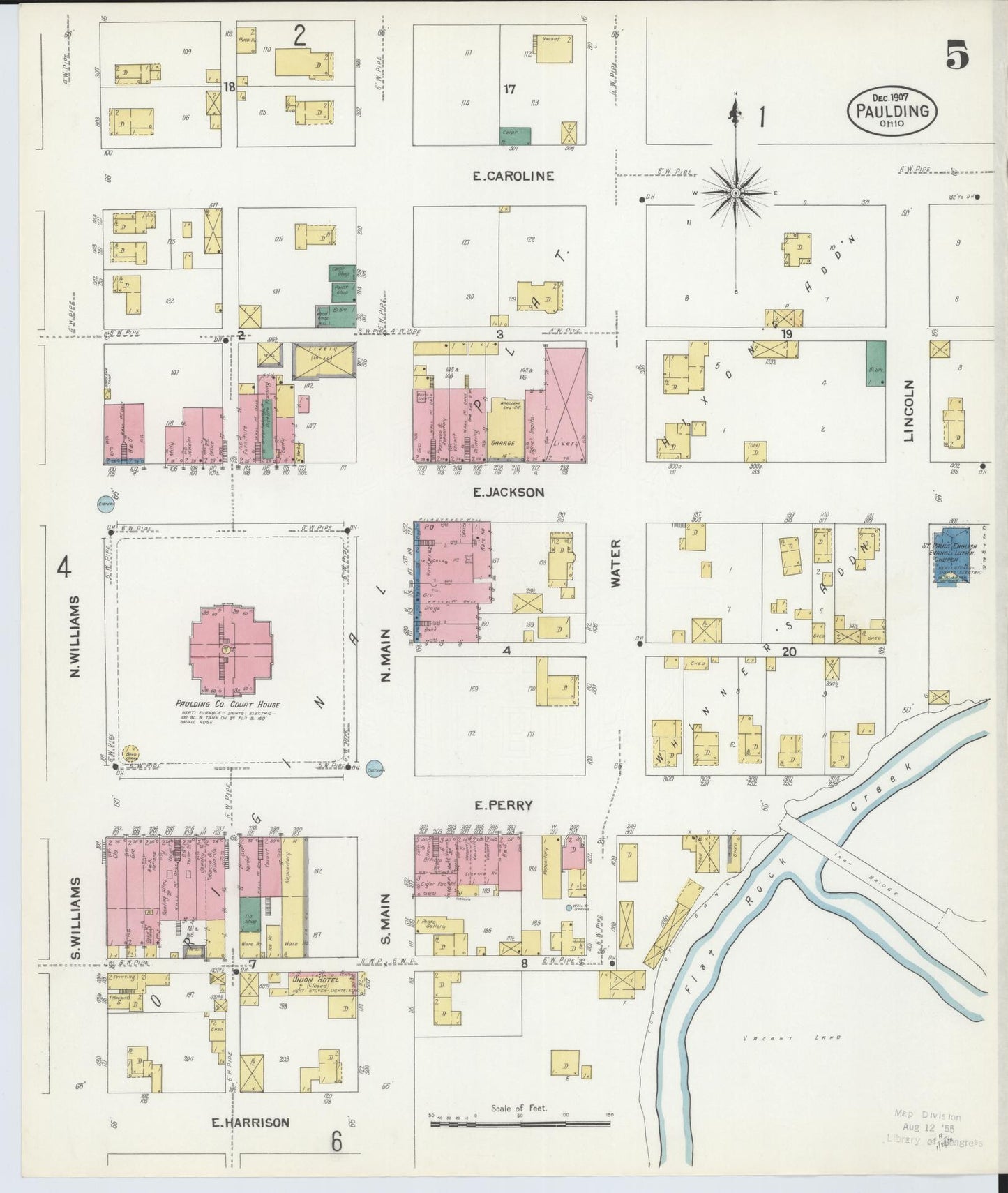 Sanborn Fire Insurance Map from Paulding, Paulding County, Ohio (1907), Sheet #0005 - Historic Sanborn Fire Insurance Map Print, vintage old map wall art, antique decor, genealogy gift, Ohio Ohio map