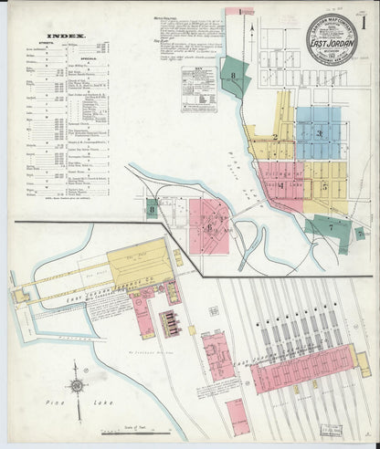 Sanborn Fire Insurance Map from East Jordan, Charlevoix County, Michigan (1912), Sheet #0001 - Historic Sanborn Fire Insurance Map Print, vintage old map wall art, antique decor, genealogy gift, Michigan Michigan map