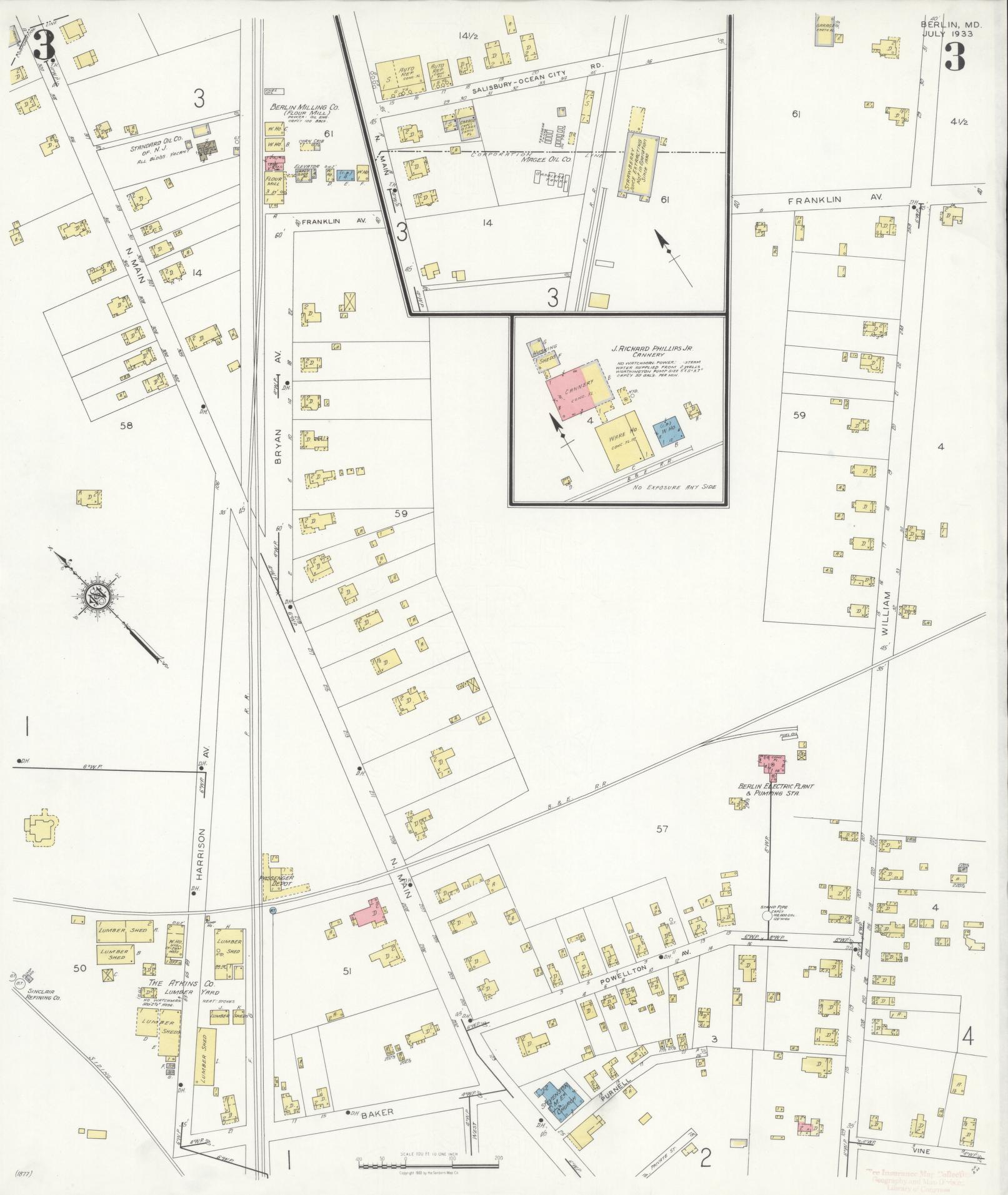 Worcester, Maryland - 1933 - Sanborn Fire Insurance Map, Sheet #0003 - Historic Sanborn Fire Insurance Map Print, Worcester Maryland 1933 0003 vintage old map wall art