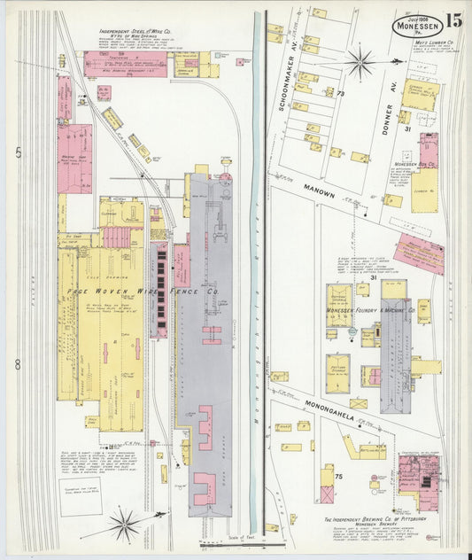 Sanborn Fire Insurance Map from Monessen, Westmoreland County, Pennsylvania (1908), Sheet #0015 - Historic Sanborn Fire Insurance Map Print, vintage old map wall art, antique decor, genealogy gift, Pennsylvania Pennsylvania map