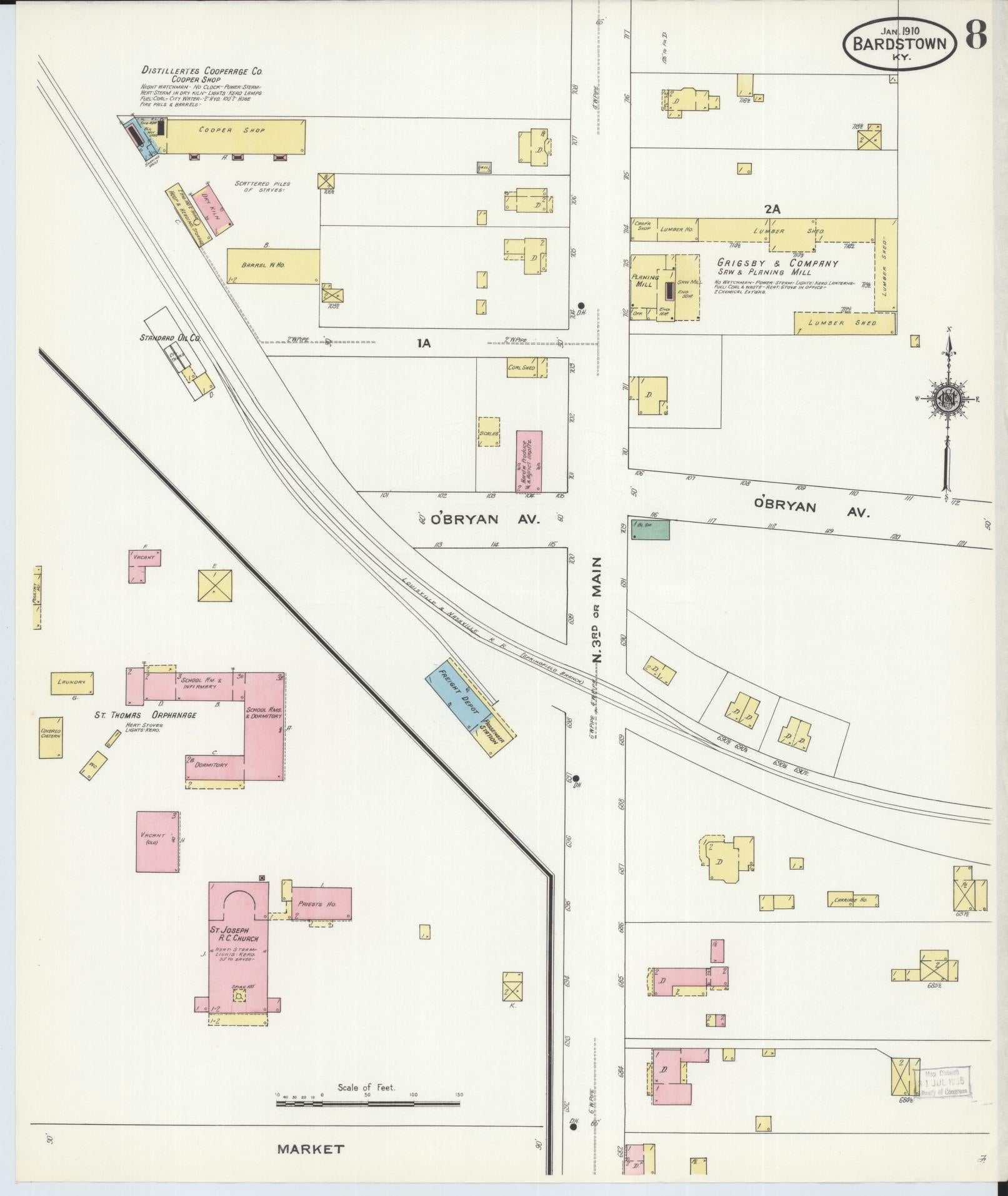 Sanborn Fire Insurance Map from Bardstown, Nelson County, Kentucky (1910), Sheet #0008 - Complete Map Set gallery image, historic Sanborn map, vintage wall art, Kentucky Kentucky