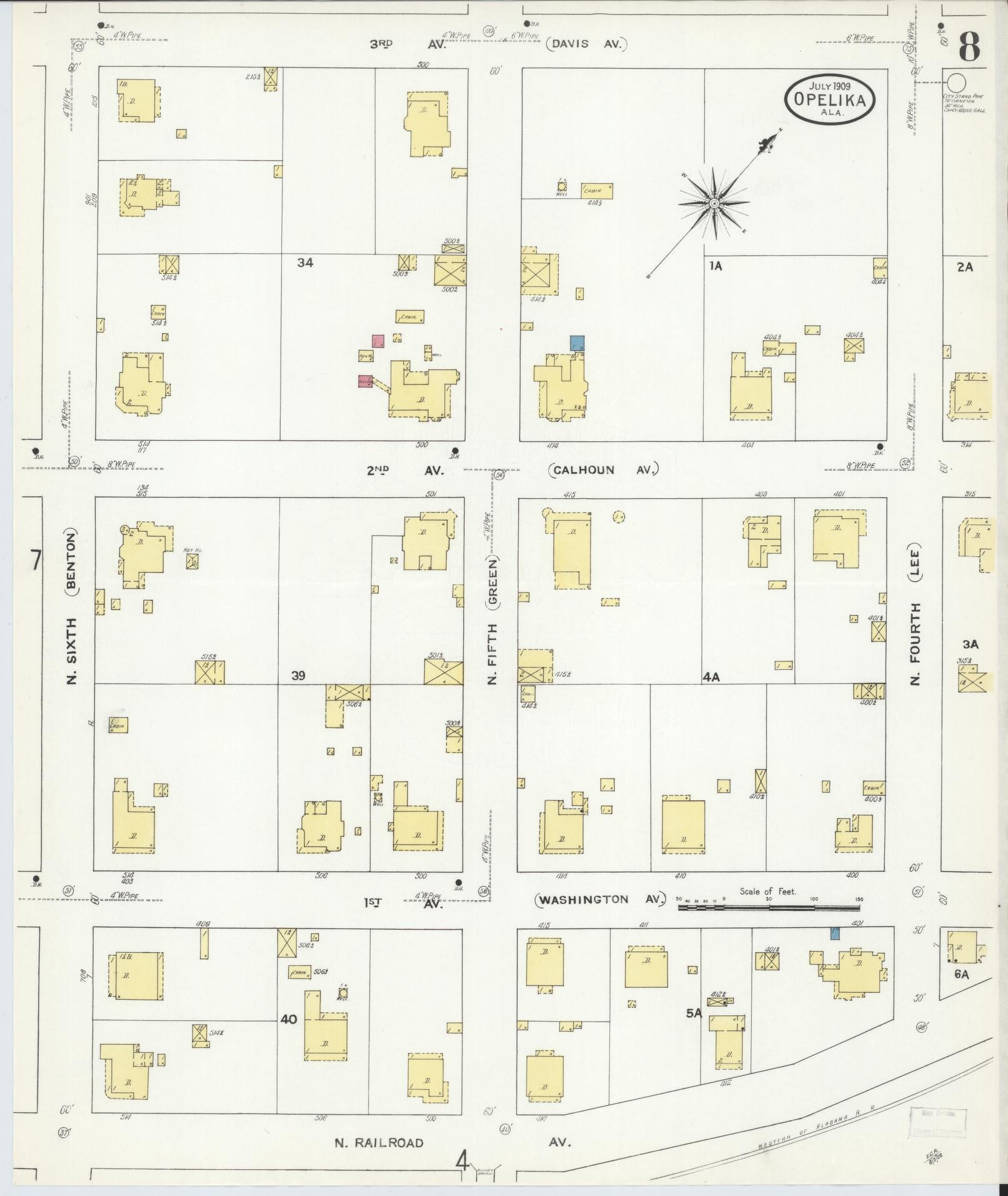 Sanborn Fire Insurance Map from Opelika, Lee County, Alabama (1909), Sheet #0008 - Historic Sanborn Fire Insurance Map Print, vintage old map wall art, antique decor, genealogy gift, Alabama Alabama map