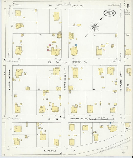 Sanborn Fire Insurance Map from Opelika, Lee County, Alabama (1909), Sheet #0008 - Historic Sanborn Fire Insurance Map Print, vintage old map wall art, antique decor, genealogy gift, Alabama Alabama map