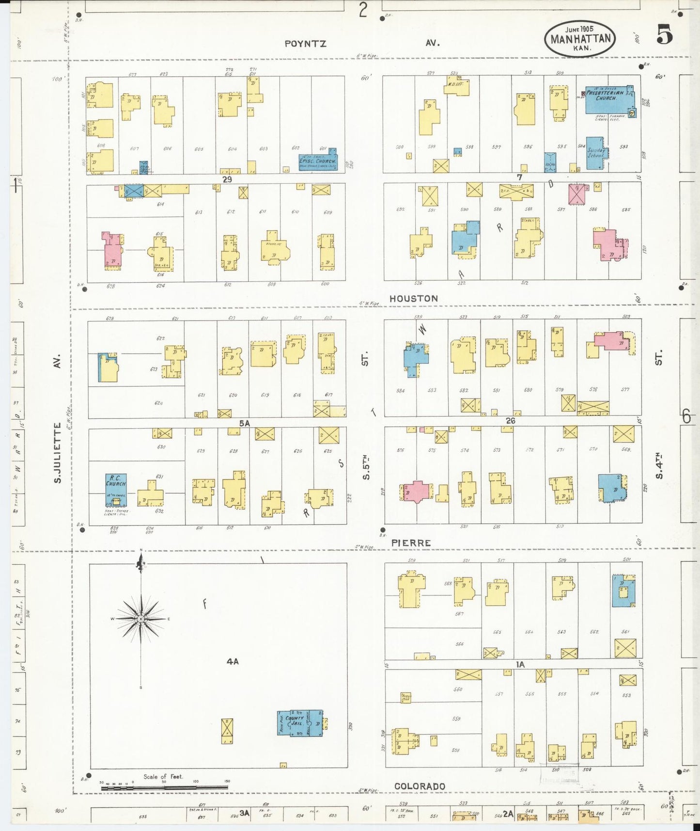 Sanborn Fire Insurance Map from Manhattan, Riley County, Kansas (1905), Sheet #0005 - Historic Sanborn Fire Insurance Map Print, vintage old map wall art, antique decor, genealogy gift, Kansas Kansas map