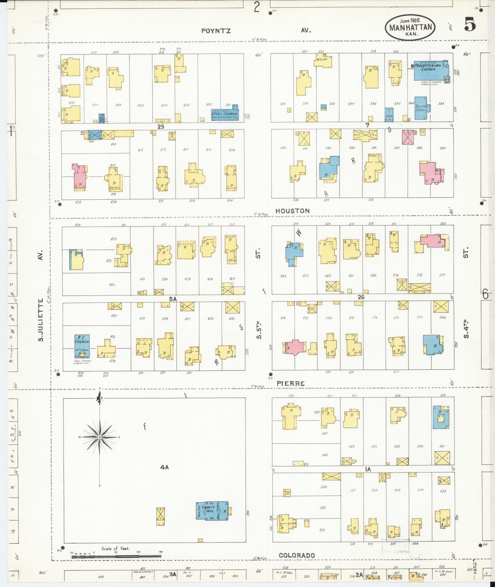 Sanborn Fire Insurance Map from Manhattan, Riley County, Kansas (1905), Sheet #0005 - Historic Sanborn Fire Insurance Map Print, vintage old map wall art, antique decor, genealogy gift, Kansas Kansas map