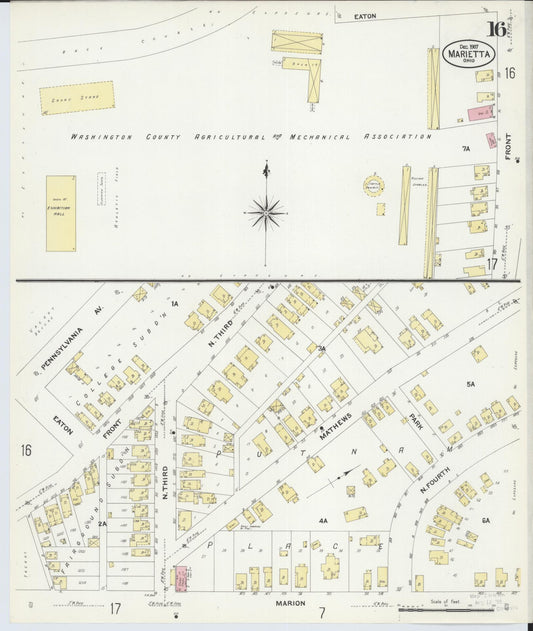 Sanborn Fire Insurance Map from Marietta, Washington County, Ohio (1907), Sheet #0016 - Historic Sanborn Fire Insurance Map Print, vintage old map wall art, antique decor, genealogy gift, Ohio Ohio map