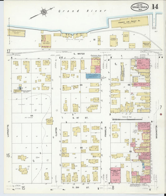 Sanborn Fire Insurance Map from Grand Haven, Ottawa County, Michigan (1912), Sheet #0014 - Historic Sanborn Fire Insurance Map Print, vintage old map wall art, antique decor, genealogy gift, Michigan Michigan map